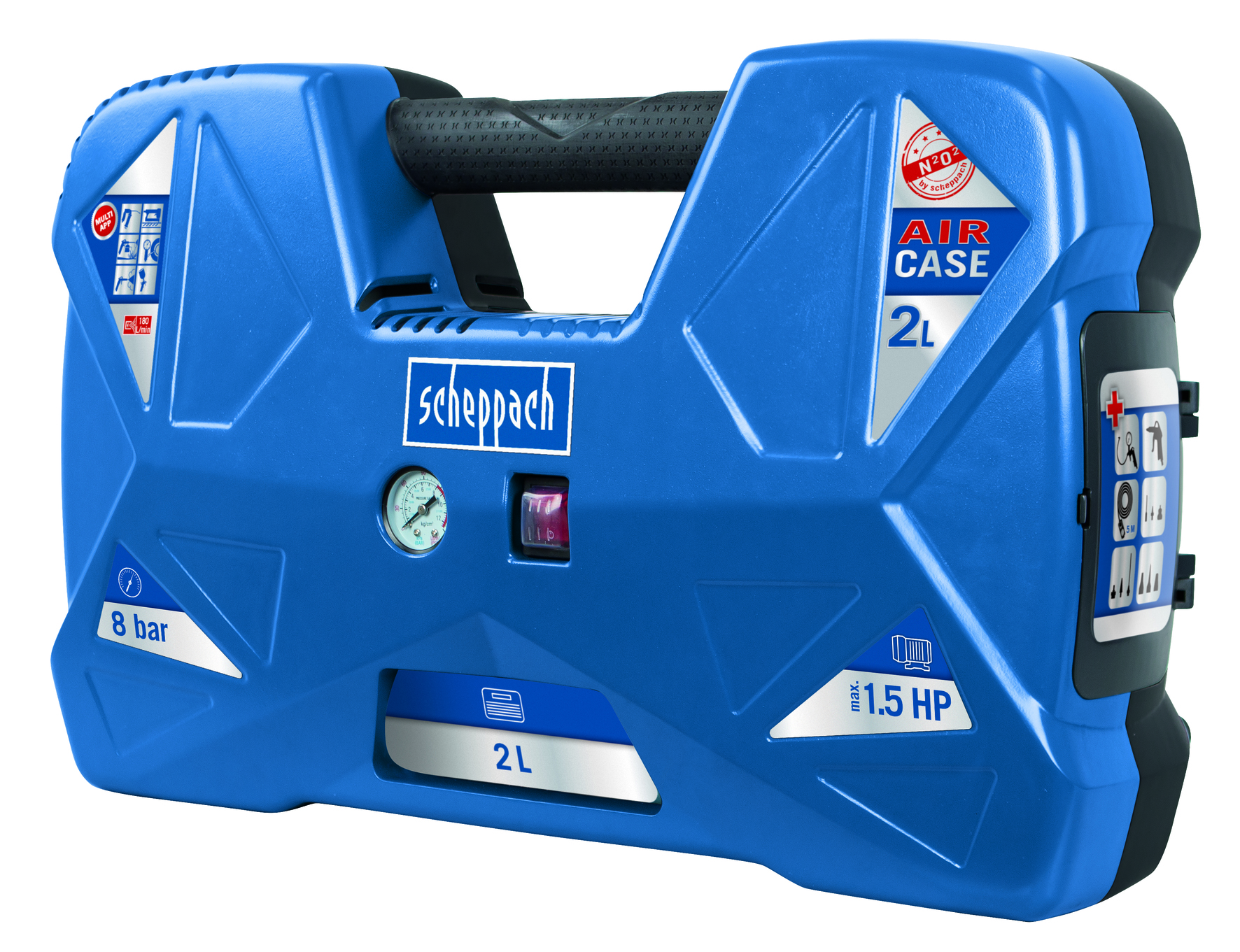 Un compressore d'aria Scheppach blu con maniglia. Ha indicatori, etichette e un interruttore rosso. Il testo "AIR CASE 2L" è visibile.