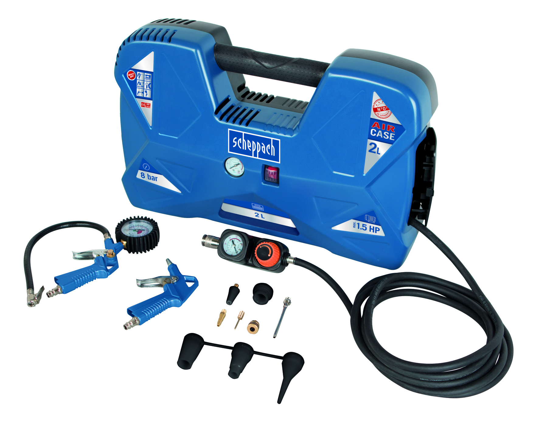 Un compressore d'aria blu con accessori: manometro, due pistole a spruzzo, ugelli e un tubo nero. Il compressore ha una maniglia.