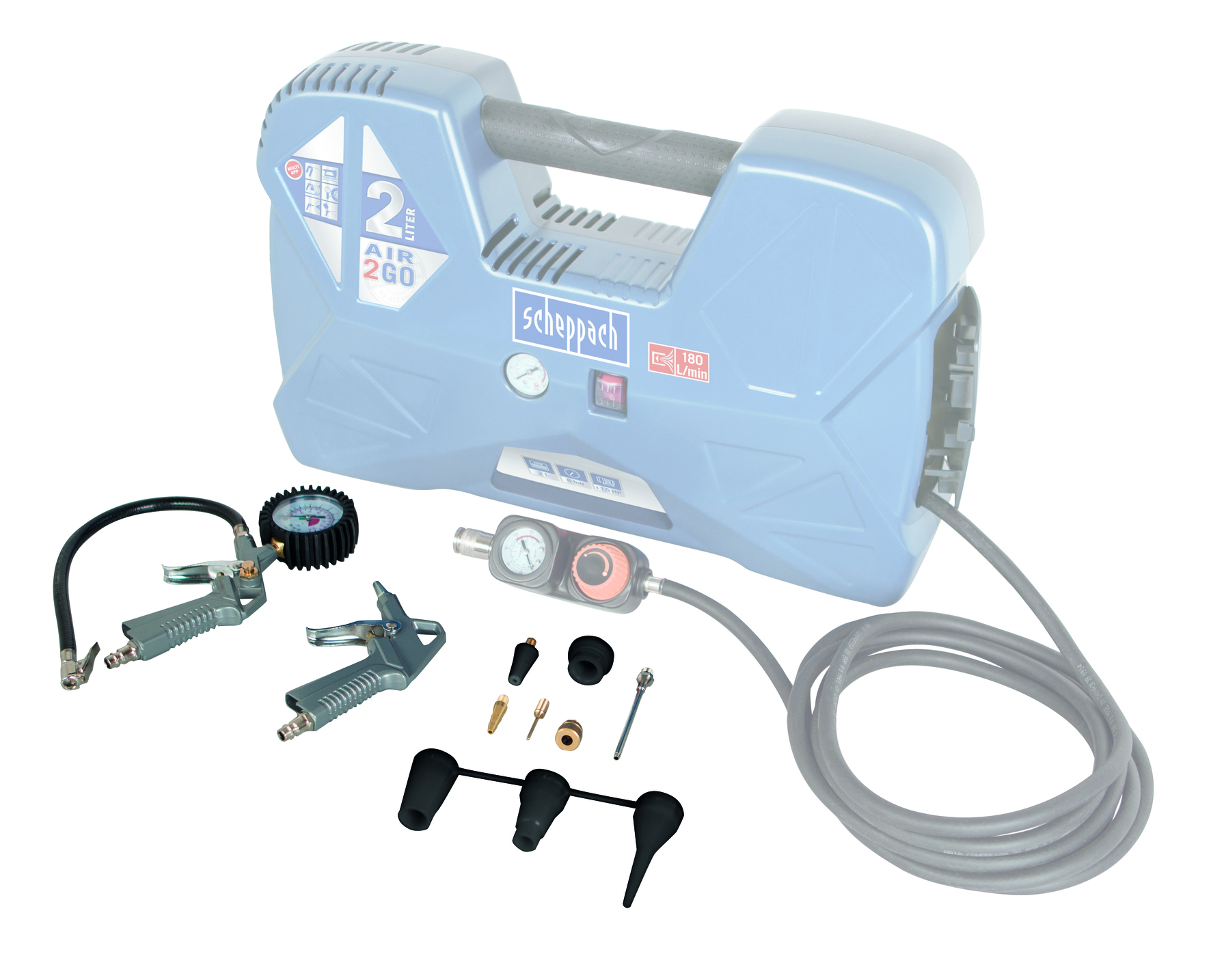 Un compressore d'aria con accessori. Include un manometro, pistole ad aria, ugelli e un tubo a spirale. Il compressore è blu.