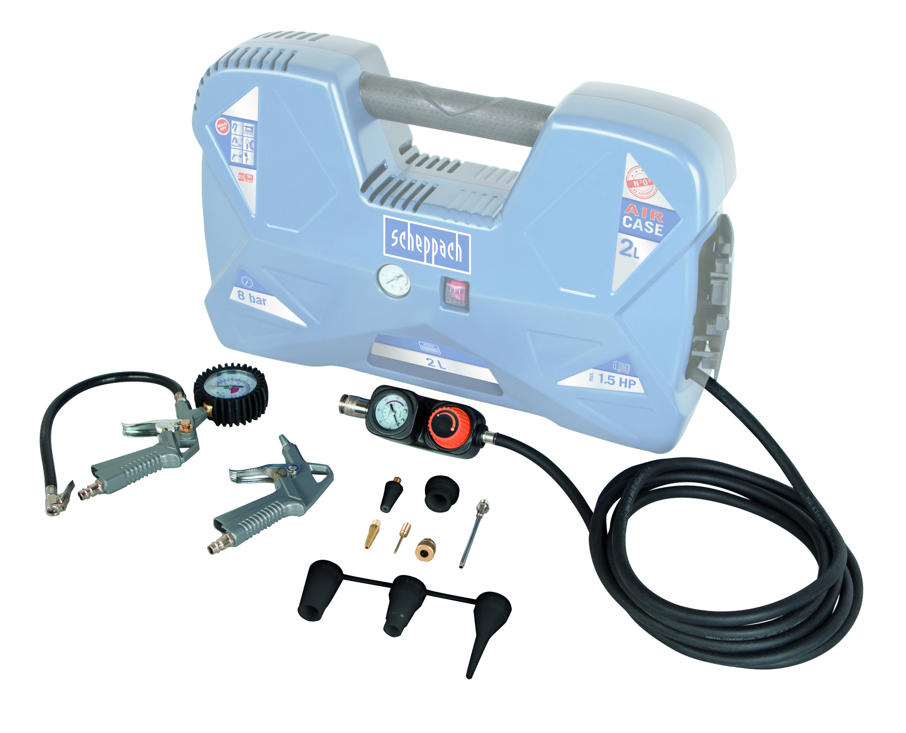 Un compressore d'aria Scheppach blu con accessori. Include un manometro, pistole ad aria, ugelli e un tubo nero, il tutto su sfondo bianco.