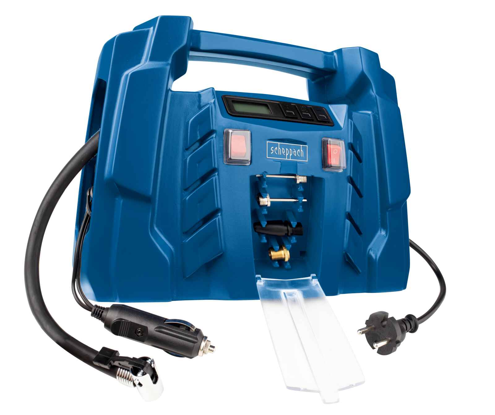 Compressore d'aria Scheppach blu con maniglia, display digitale e accessori. Dispone di una spina per auto e una spina di alimentazione standard. Copertura in plastica trasparente.