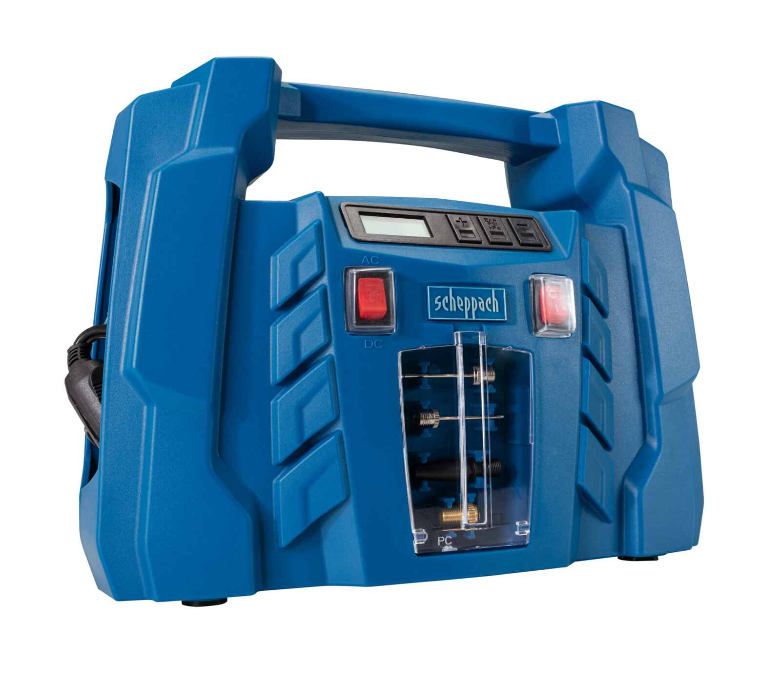 Compressore Scheppach blu. Ha una maniglia, pulsanti e display. Tubo di plastica trasparente visibile. Sfondo bianco.