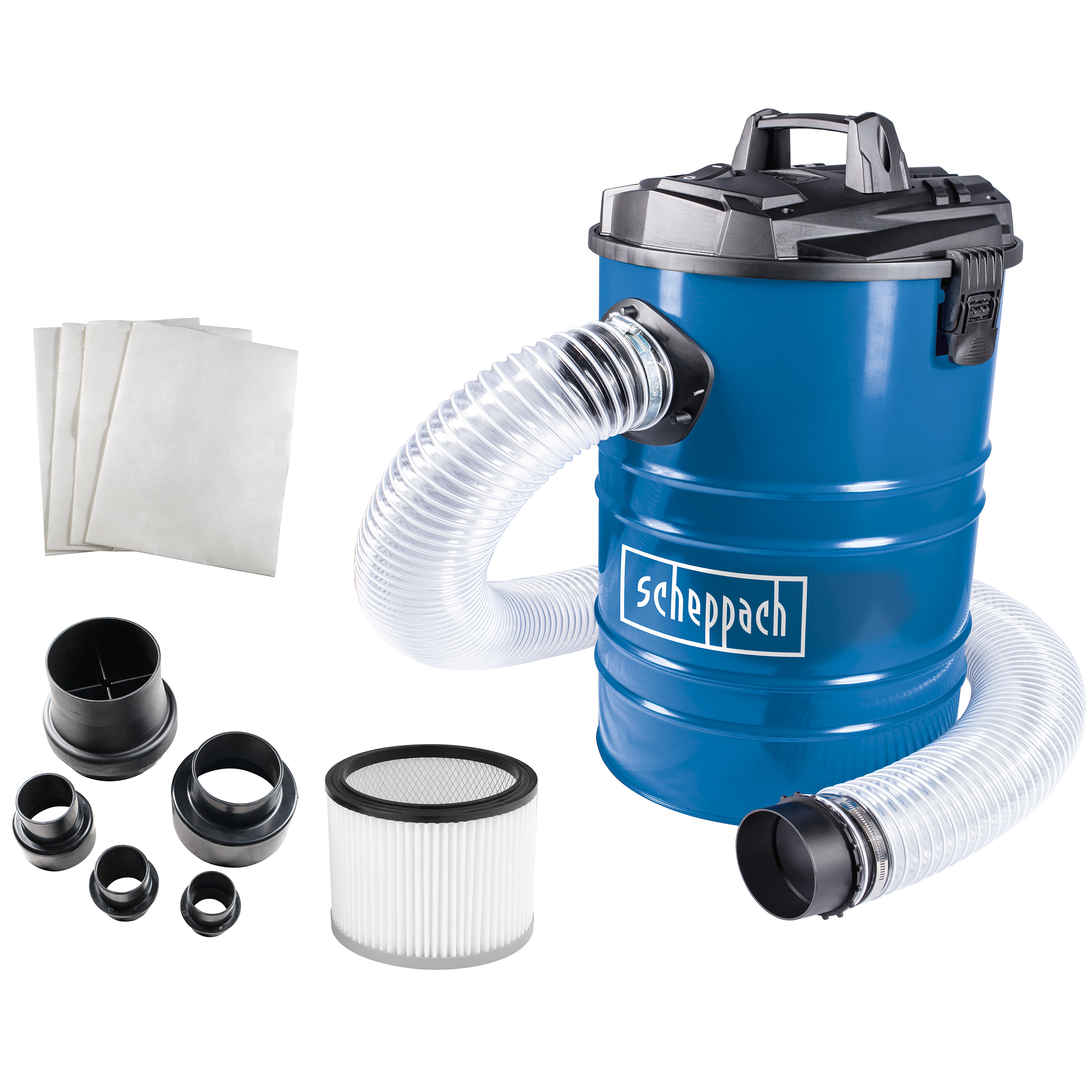 Aspirapolvere blu e nero con tubo, filtri e accessori su sfondo bianco.