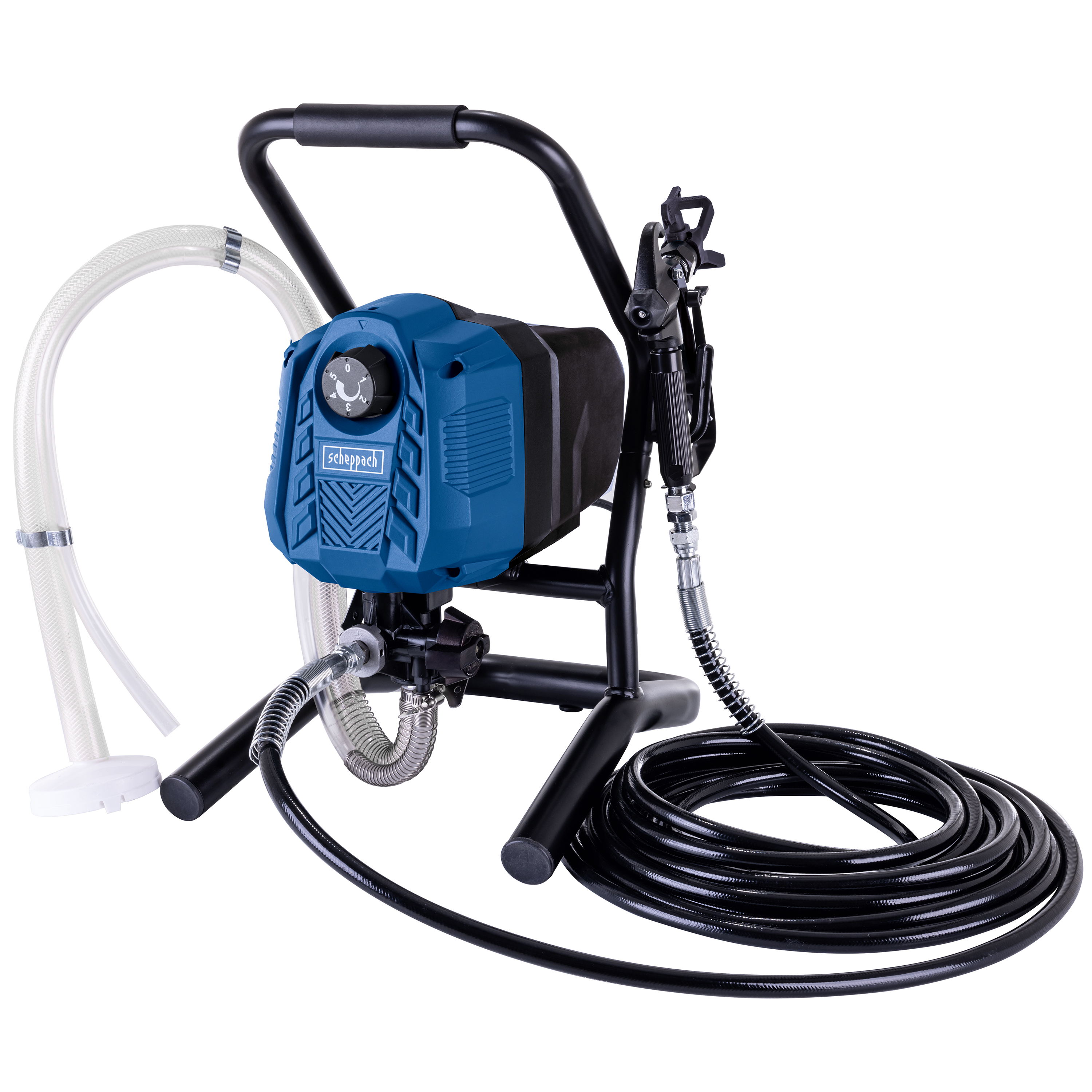 Un nebulizzatore di vernice blu e nero, con un tubo bianco e un tubo nero. Su sfondo bianco.
