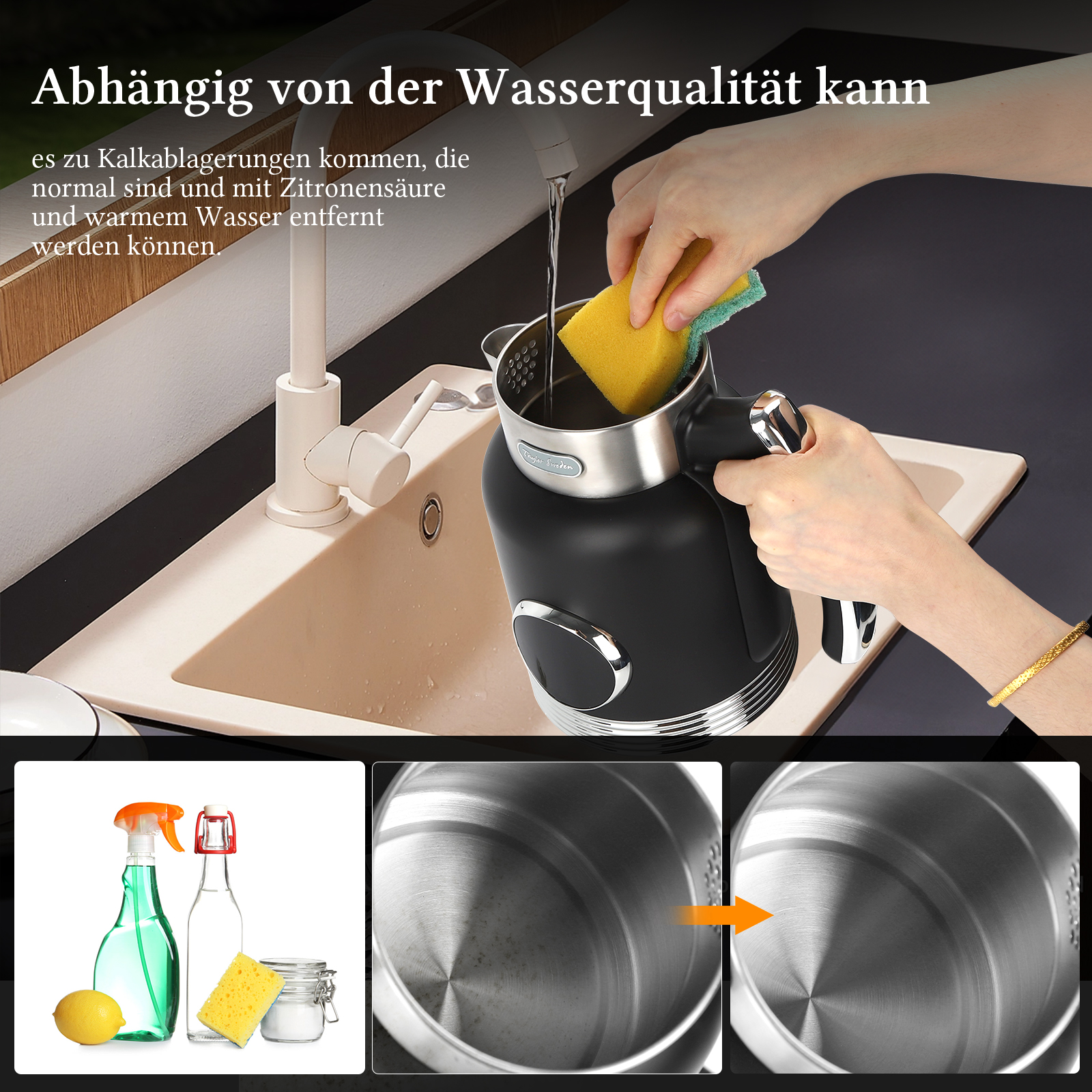 Eine Person reinigt einen schwarzen Wasserkocher mit einem gelben Schwamm. Die Szene zeigt ein Waschbecken, Reinigungsmittel und eine Zitrone.