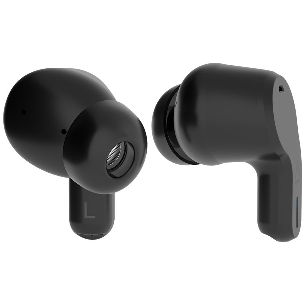 Due auricolari wireless neri su sfondo bianco. Un auricolare è contrassegnato dalla lettera 'L'.
