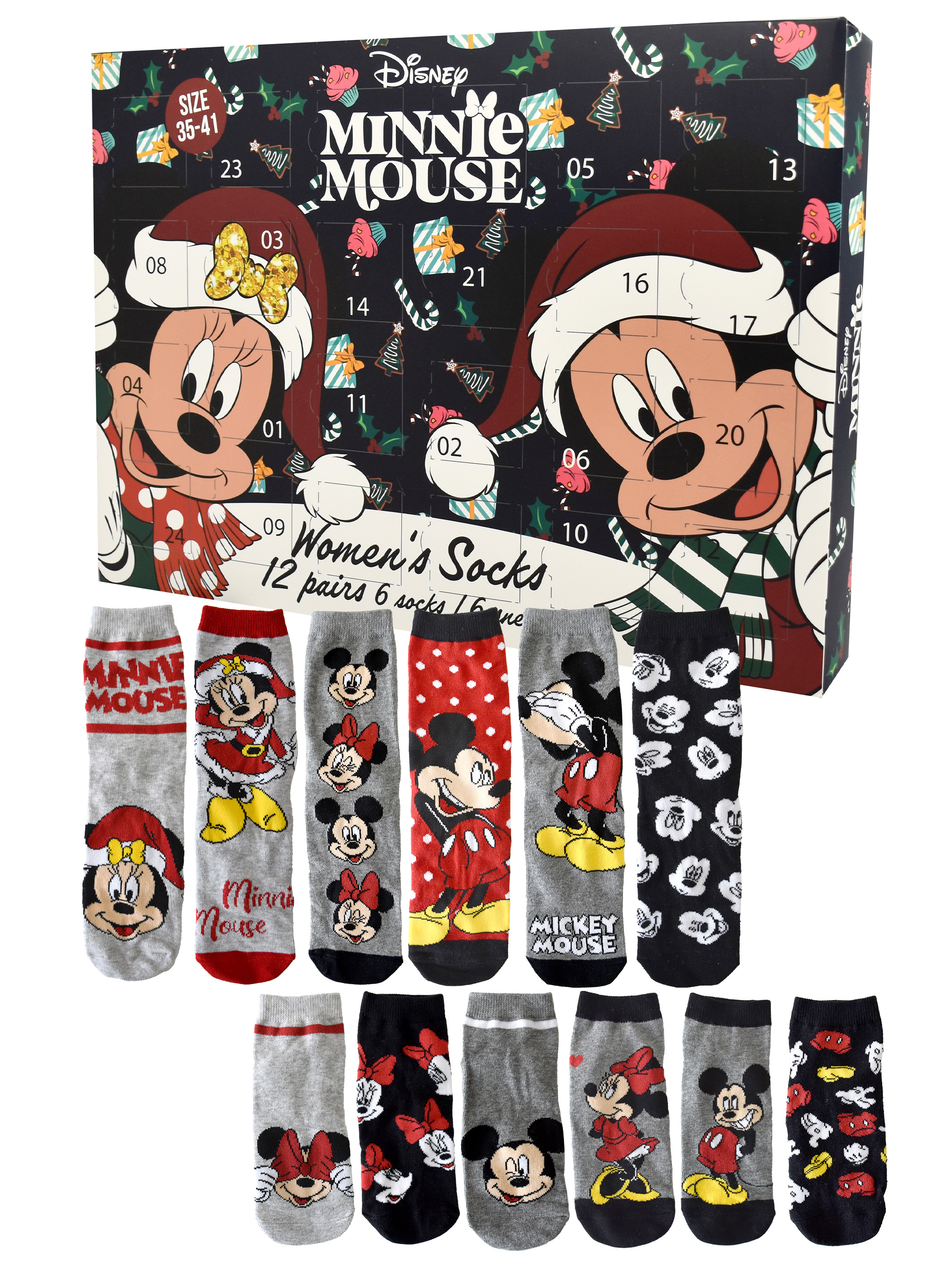 Ein Adventskalender mit Minnie Mouse und Mickey Mouse, darunter Socken mit denselben Figuren.