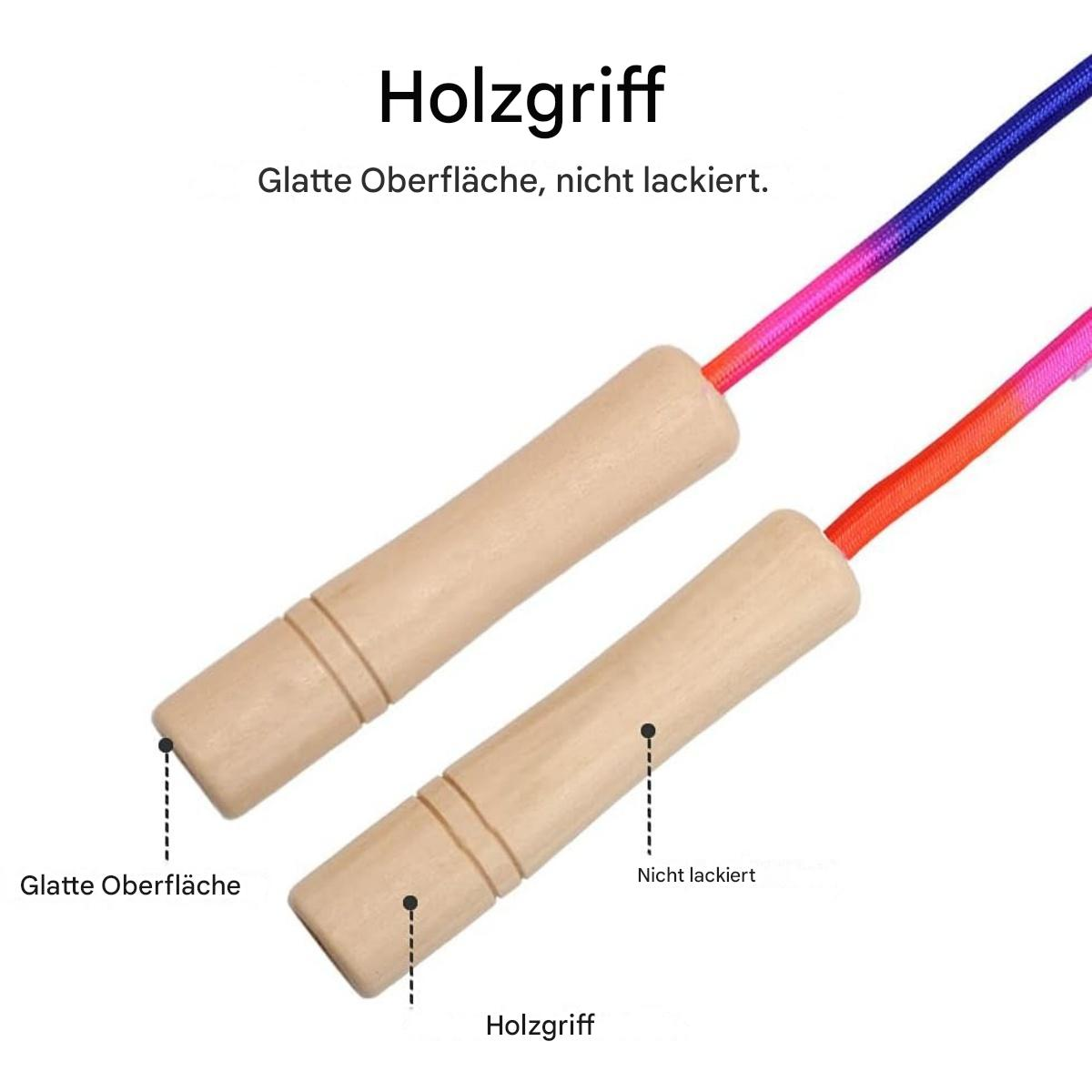 Zwei Holz-Springseilgriffe. Die Griffe sind mit farbigen Seilen verbunden. Text: Holzgriff. Die Oberfläche ist nicht lackiert.