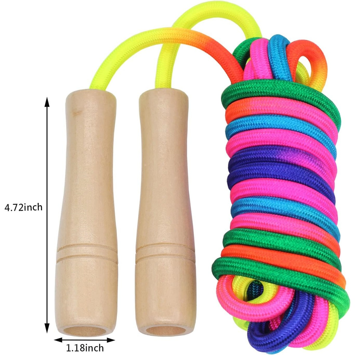 Ein buntes Springseil mit Holzgriffen. Das Seil besteht aus mehreren Farben. Abmessungen sind auf dem Bild angegeben.