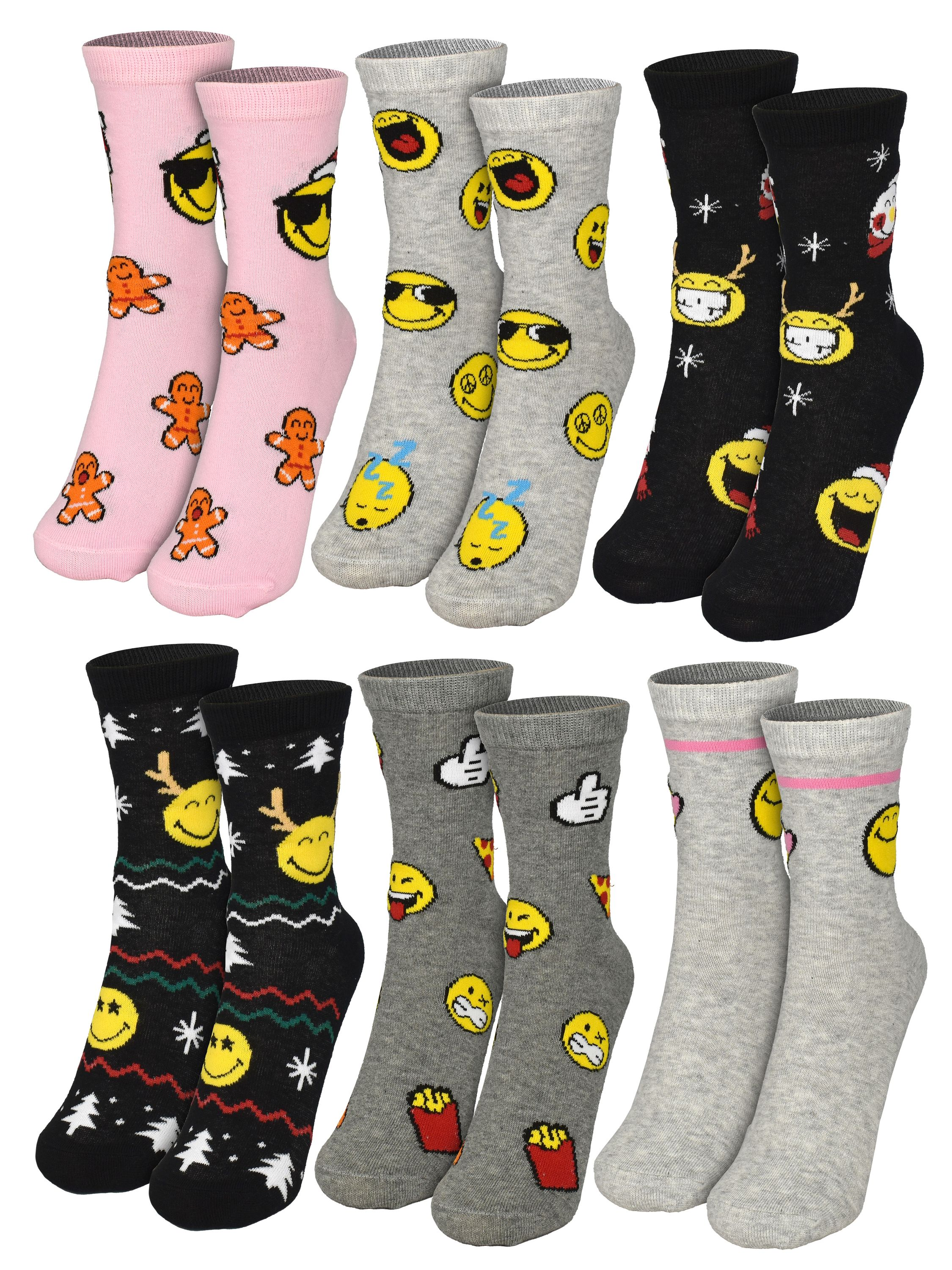 Eine Sammlung bunter Socken mit verschiedenen Mustern. Enthält Lebkuchenmänner, Smiley-Gesichter und Schneeflocken. Verschiedene Farbschemata.