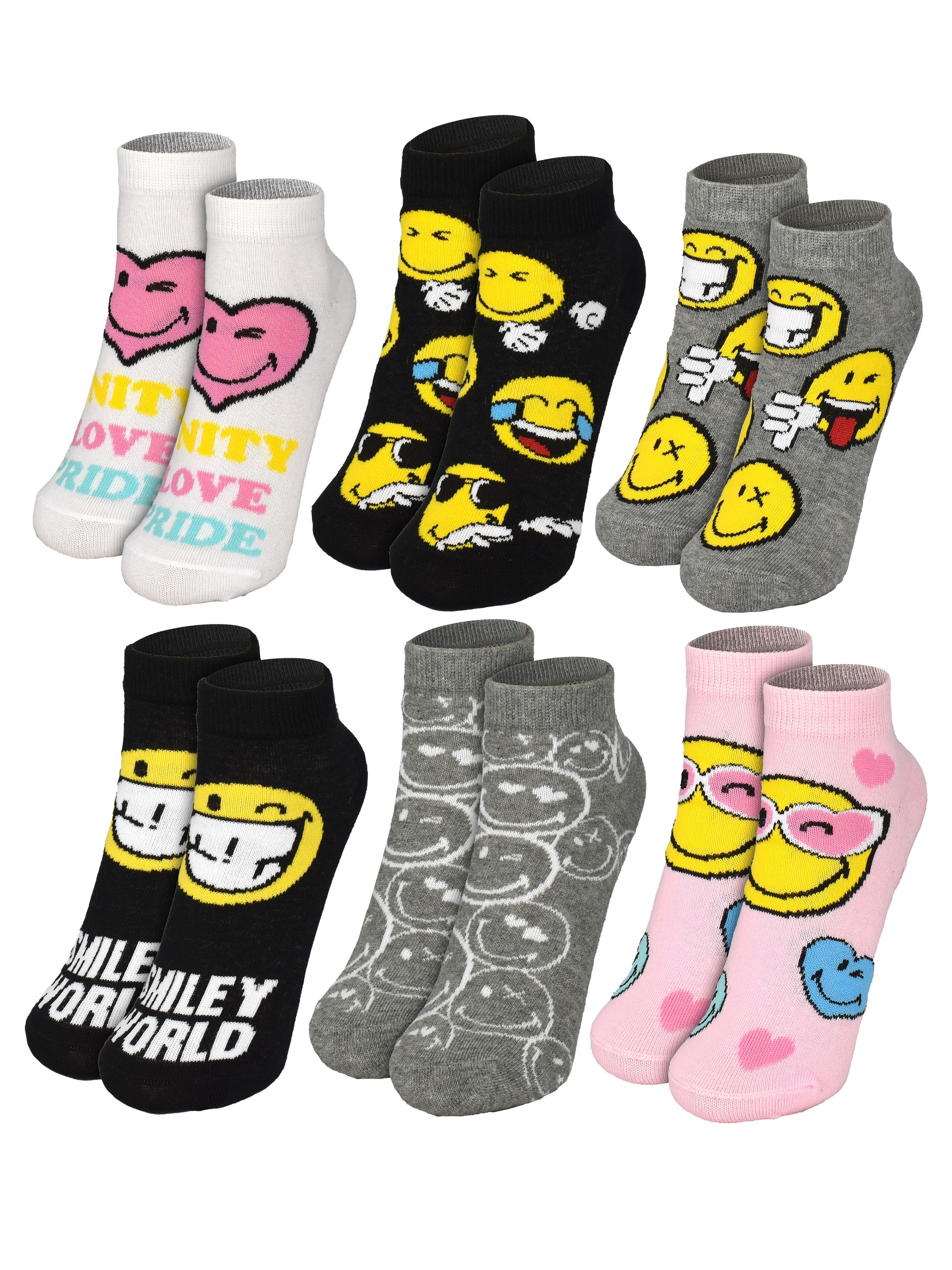 Socken-Sortiment mit Smiley-Gesichtern und Herzen in verschiedenen Farben, darunter Weiß, Schwarz, Grau und Rosa.