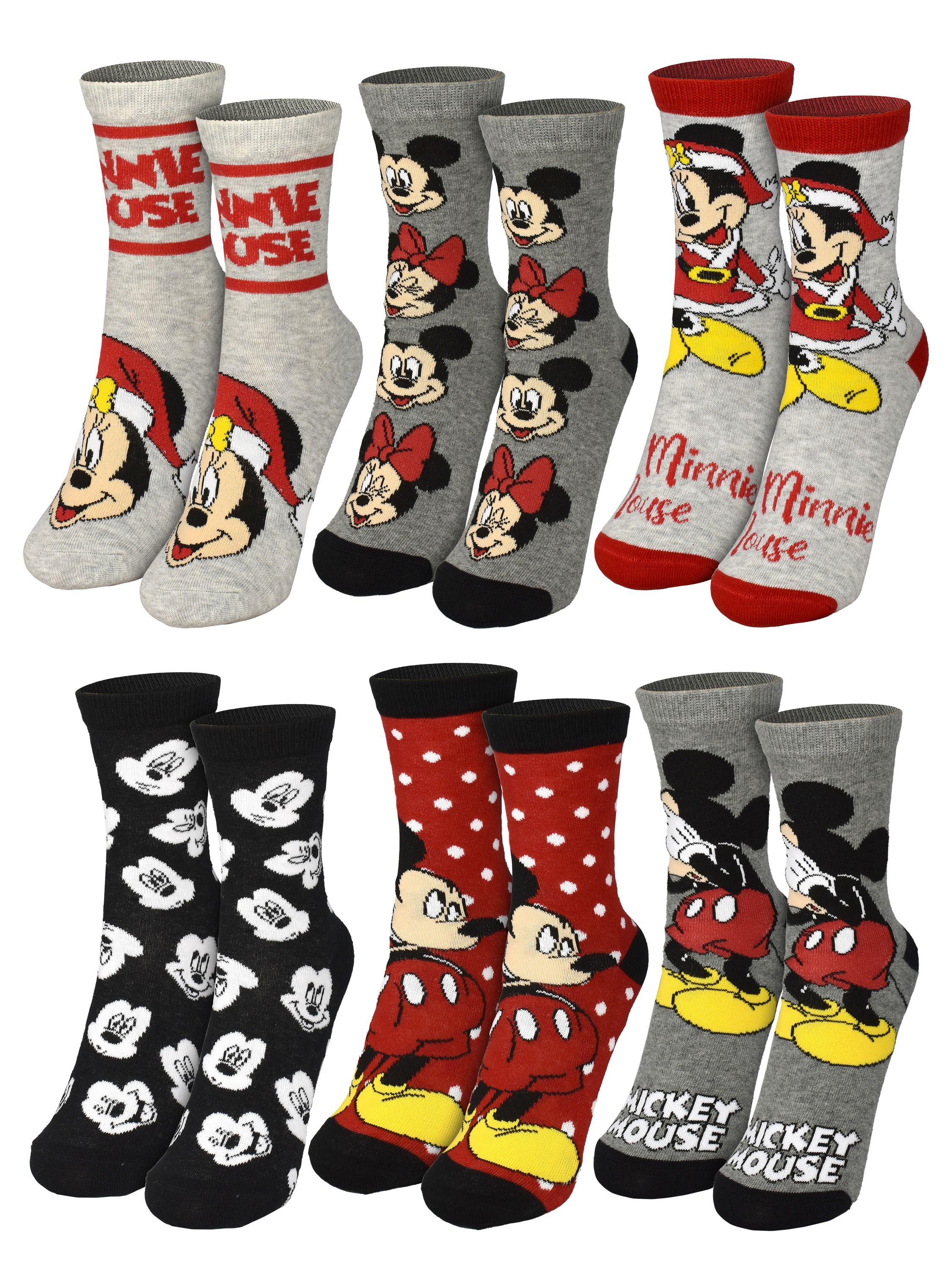 Socken mit verschiedenen Mickey- und Minnie-Mouse-Designs in verschiedenen Farben. Einige haben Weihnachtsthemen.