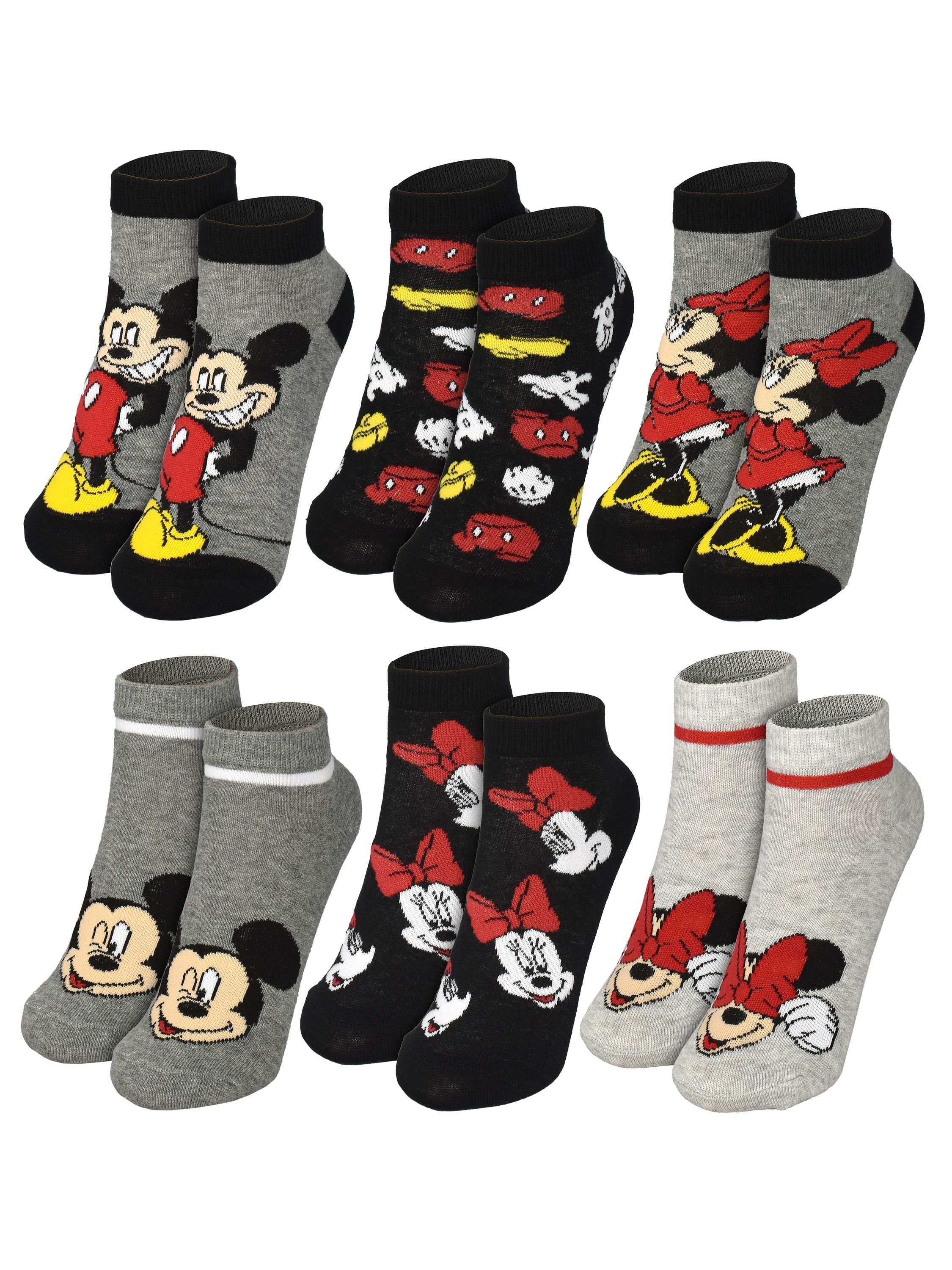 Eine Sammlung bunter Socken mit Mickey Mouse und Minnie Mouse Designs. Socken sind grau, schwarz und haben rote, gelbe und weiße Akzente.