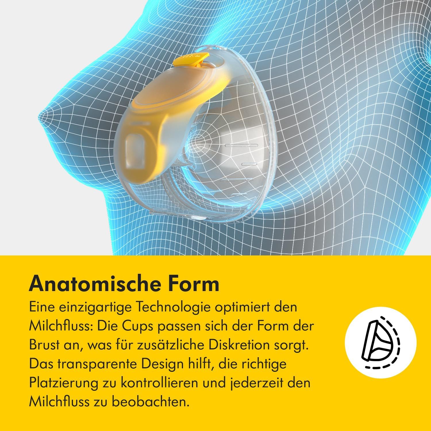Eine Brustpumpe, gelb und transparent, an einer Brustumrisslinie befestigt. Text: Anatomische Form, mit Produktdetails.
