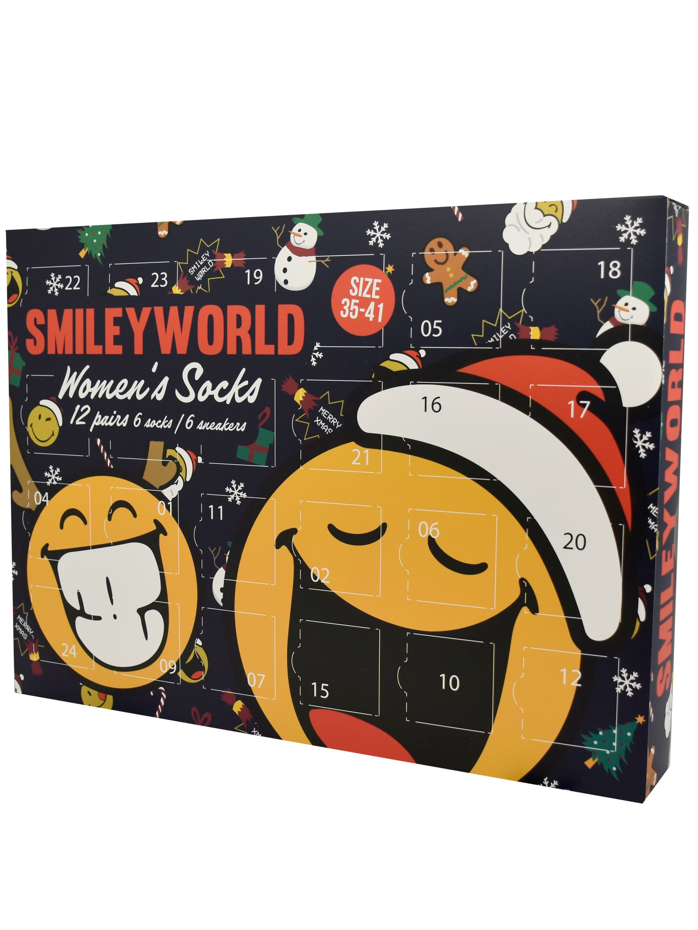 Ein Adventskalender mit Smileys. Text: Smileyworld Damensocken, 12 Paar, 6 Socken, 6 Sneaker. Weihnachtsthema.