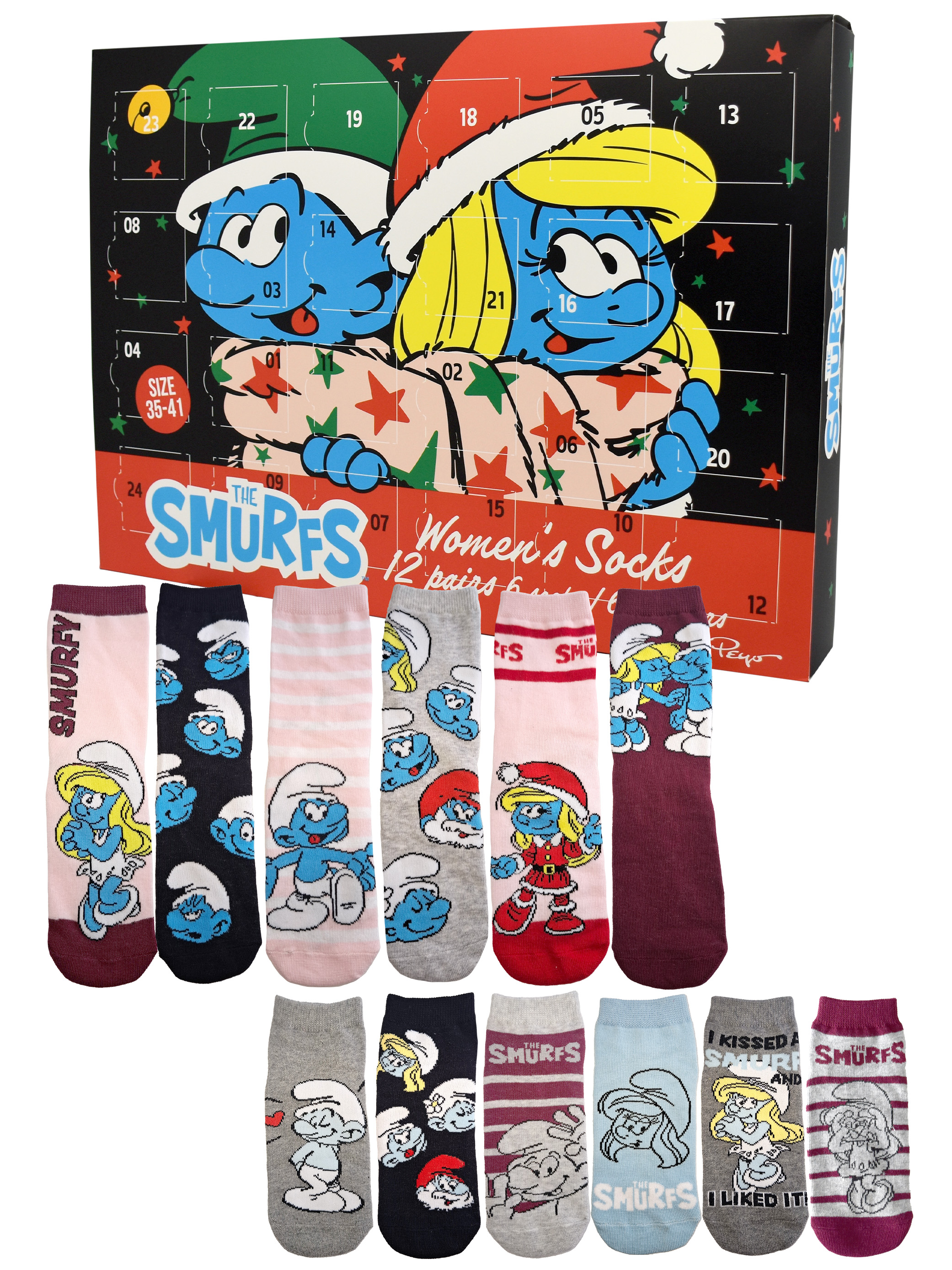 Ein Adventskalender mit Schlümpfen oben und mehrere Paare Socken mit Schlümpfen unten, in verschiedenen Farben und Designs.