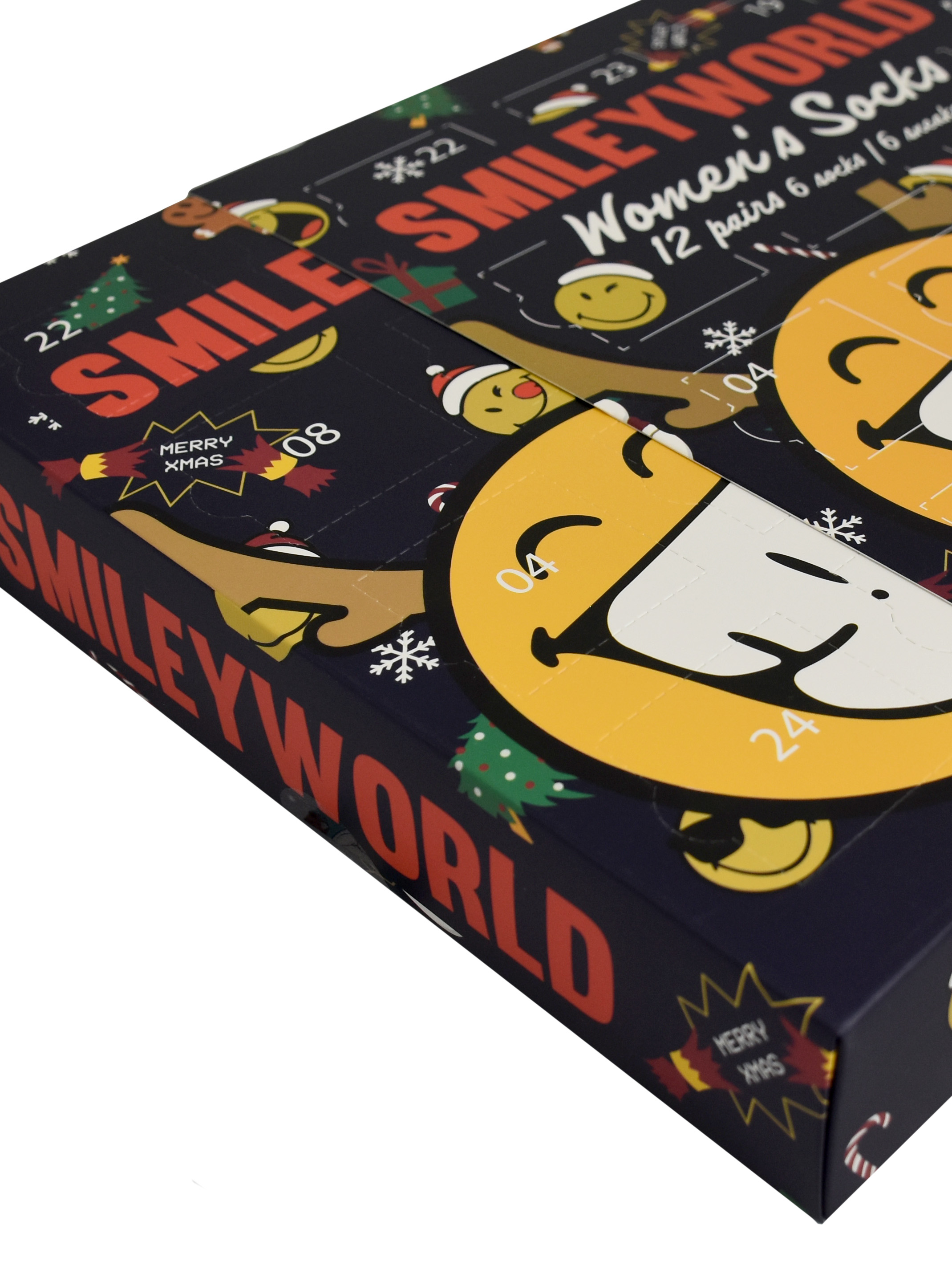 Eine Schachtel mit SmileyWorld Damensocken. Die Schachtel ist mit weihnachtlichen Grafiken und Smileys verziert.