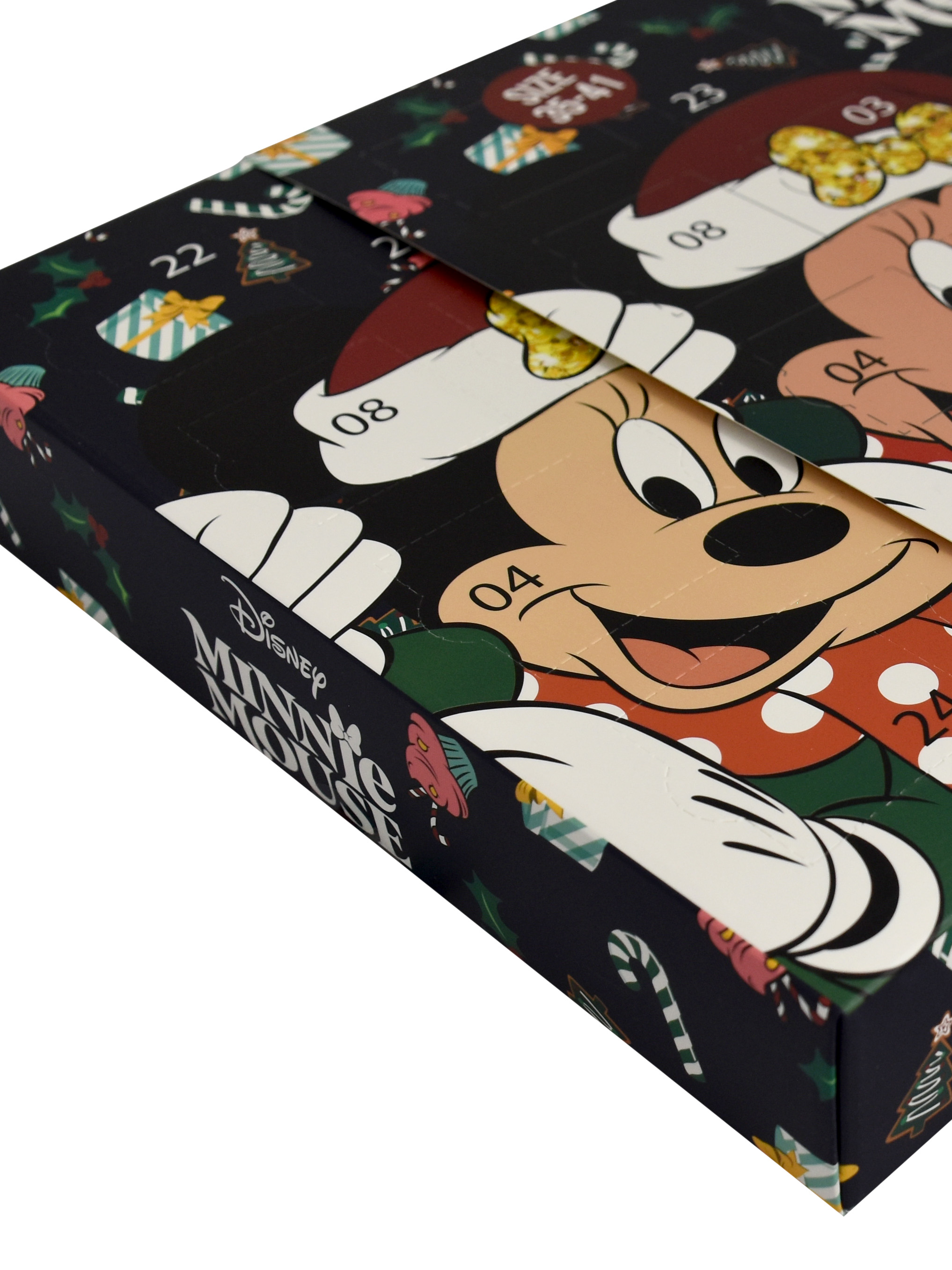 Minnie Mouse Adventskalender. Schwarze Box mit Minnie-Gesicht, Zahlen und Weihnachtsdekorationen.