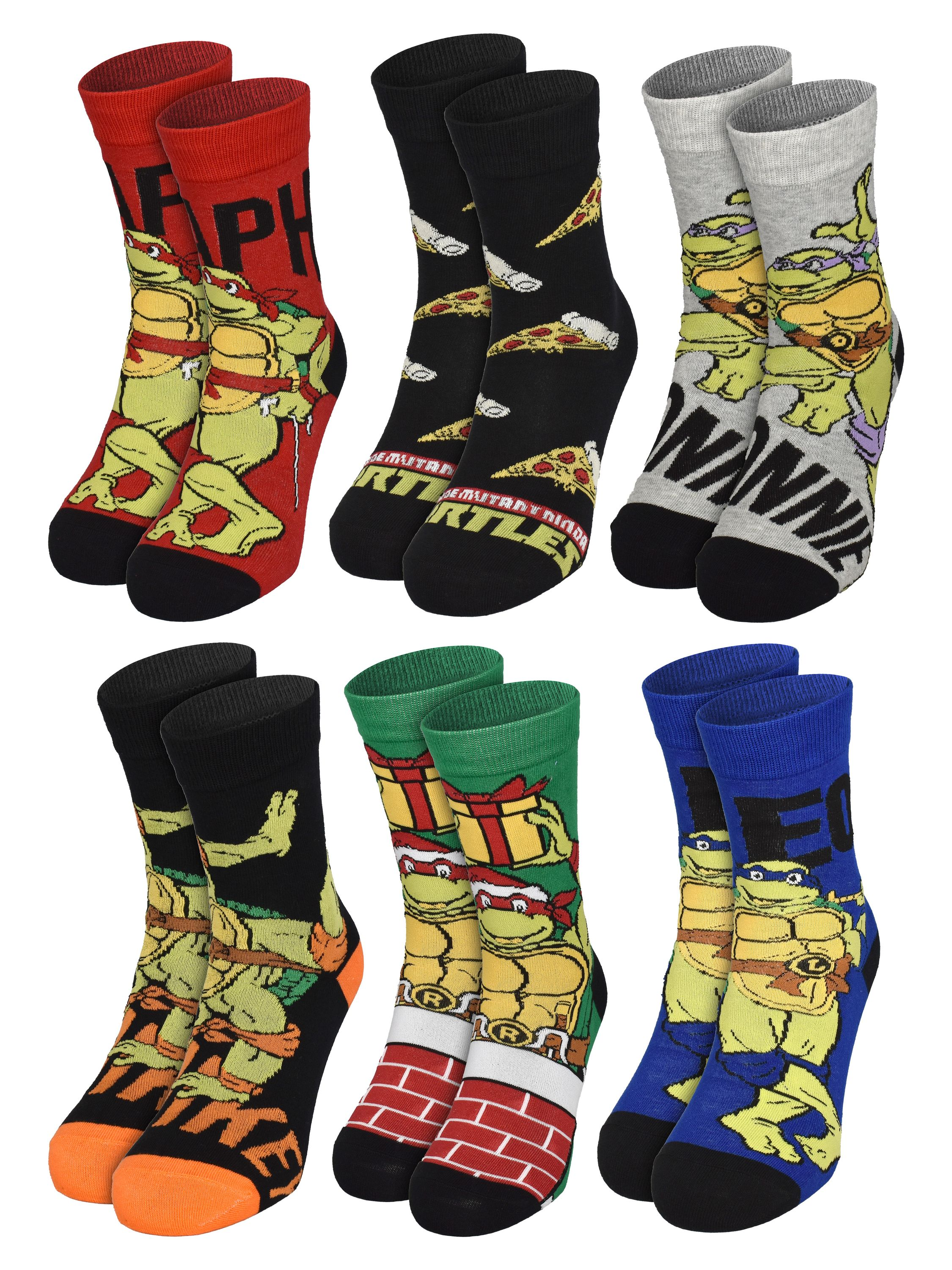 Sechs Paar bunte Socken der Teenage Mutant Ninja Turtles, jedes mit einem anderen Design. Farben sind Rot, Schwarz, Grau, Grün und Blau.