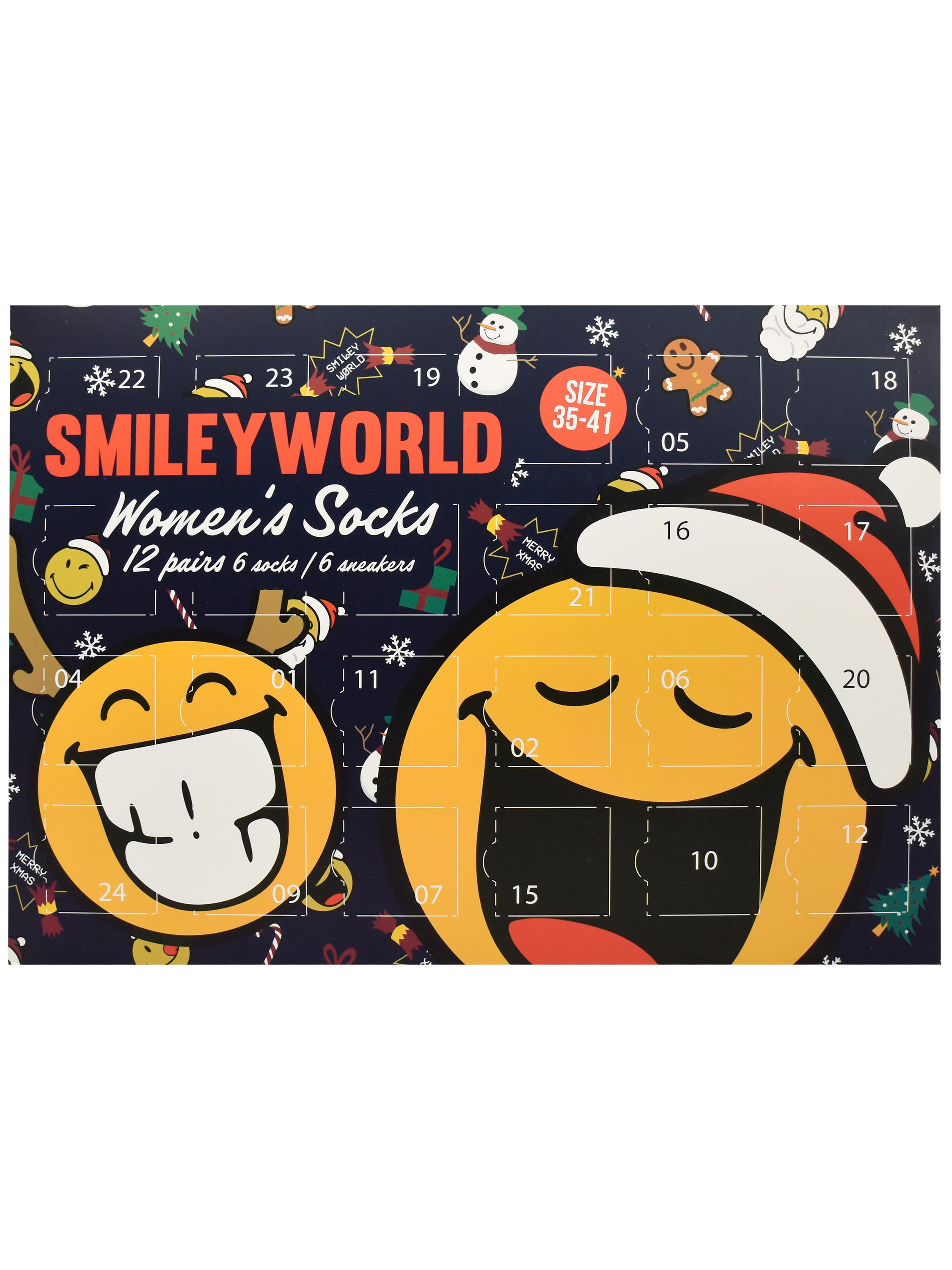 Ein Adventskalender mit SmileyWorld-Branding. Zahlen befinden sich auf Smileys und weihnachtliche Bilder sind vorhanden.