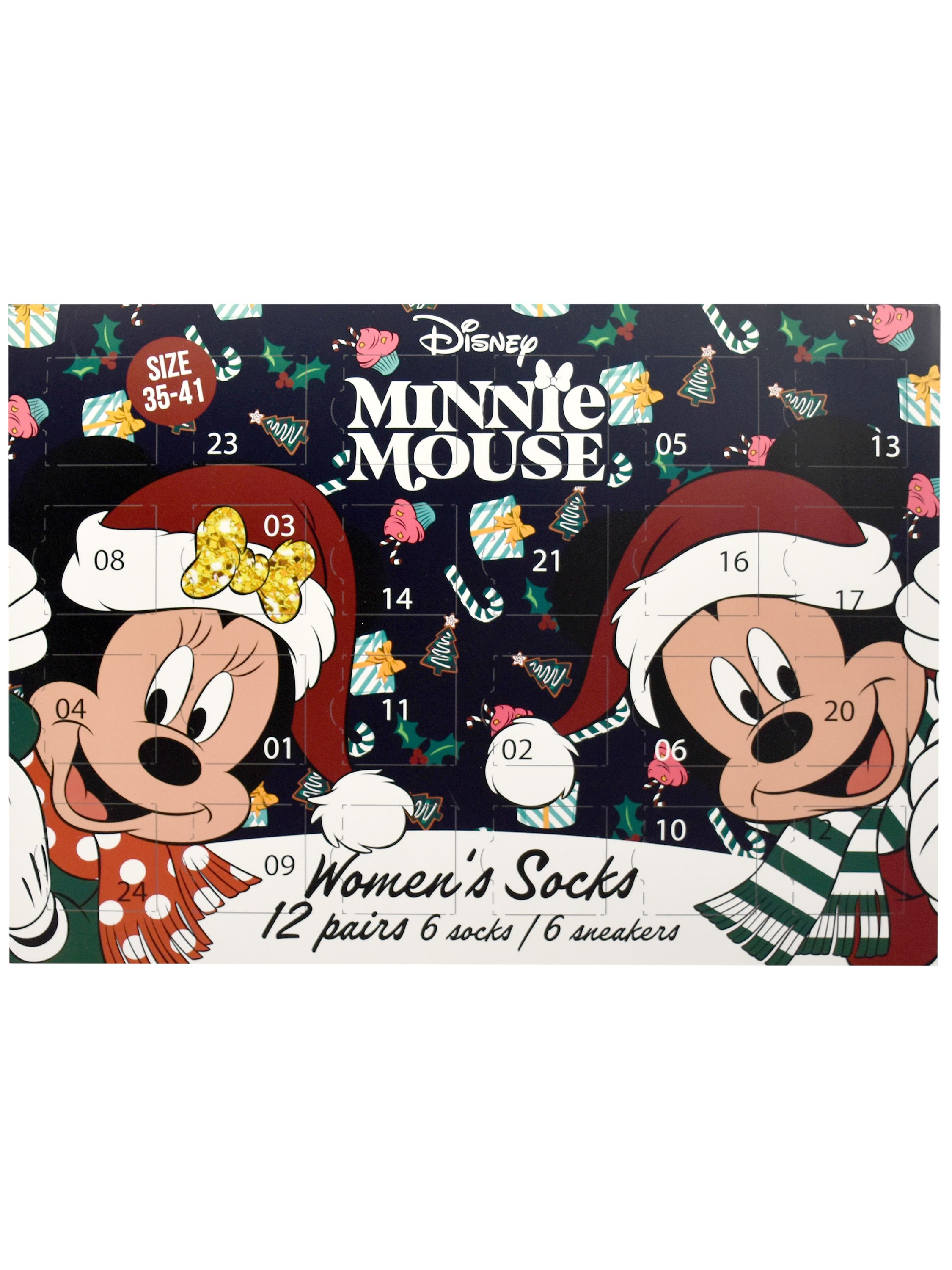 Minnie und Micky Maus auf einem Adventskalender. Minnie trägt einen Weihnachtsmannhut und einen Schal. Micky trägt auch einen Weihnachtsmannhut und einen Schal.