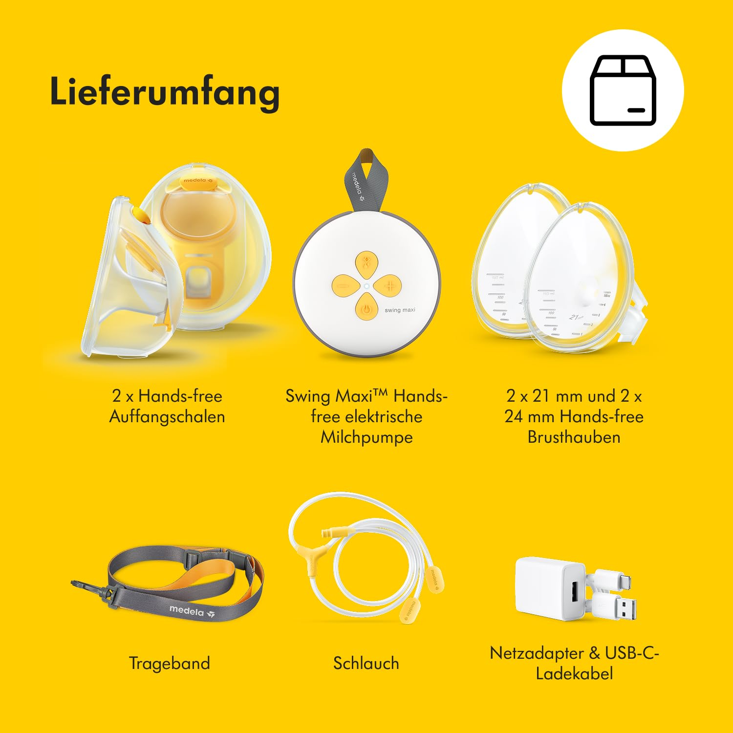 Das Bild zeigt Komponenten eines Milchpumpen-Kits: Pumpe, Flaschen, Schläuche, Ladegerät, Gurte und Auffangschalen, alles auf gelbem Grund.