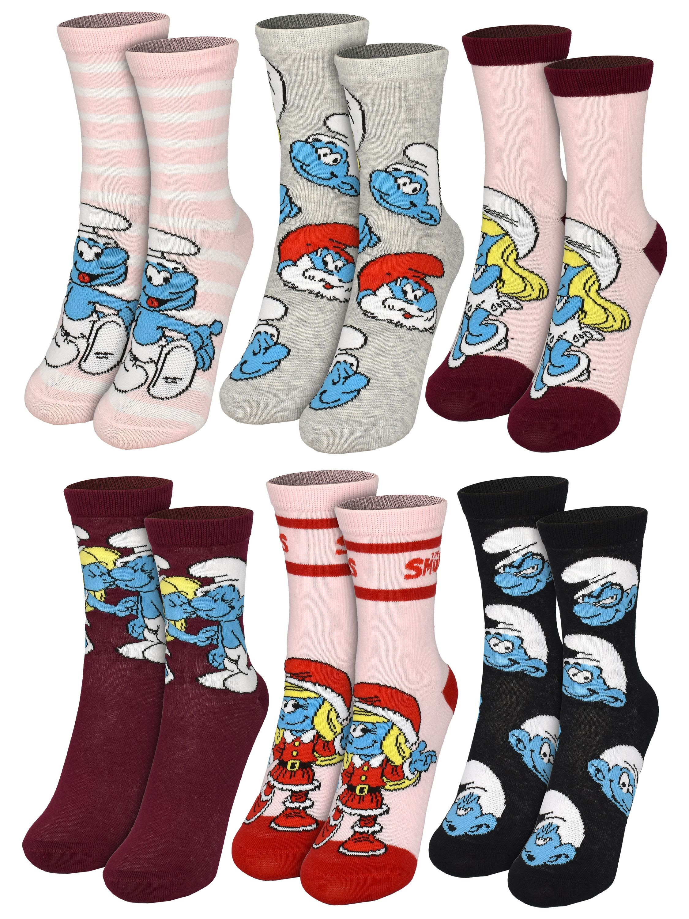 Socken mit Schlümpfen. Rosa, graue und bordeauxfarbene Socken mit Schlümpfen. Verschiedene Designs und Farben, einige gestreift.