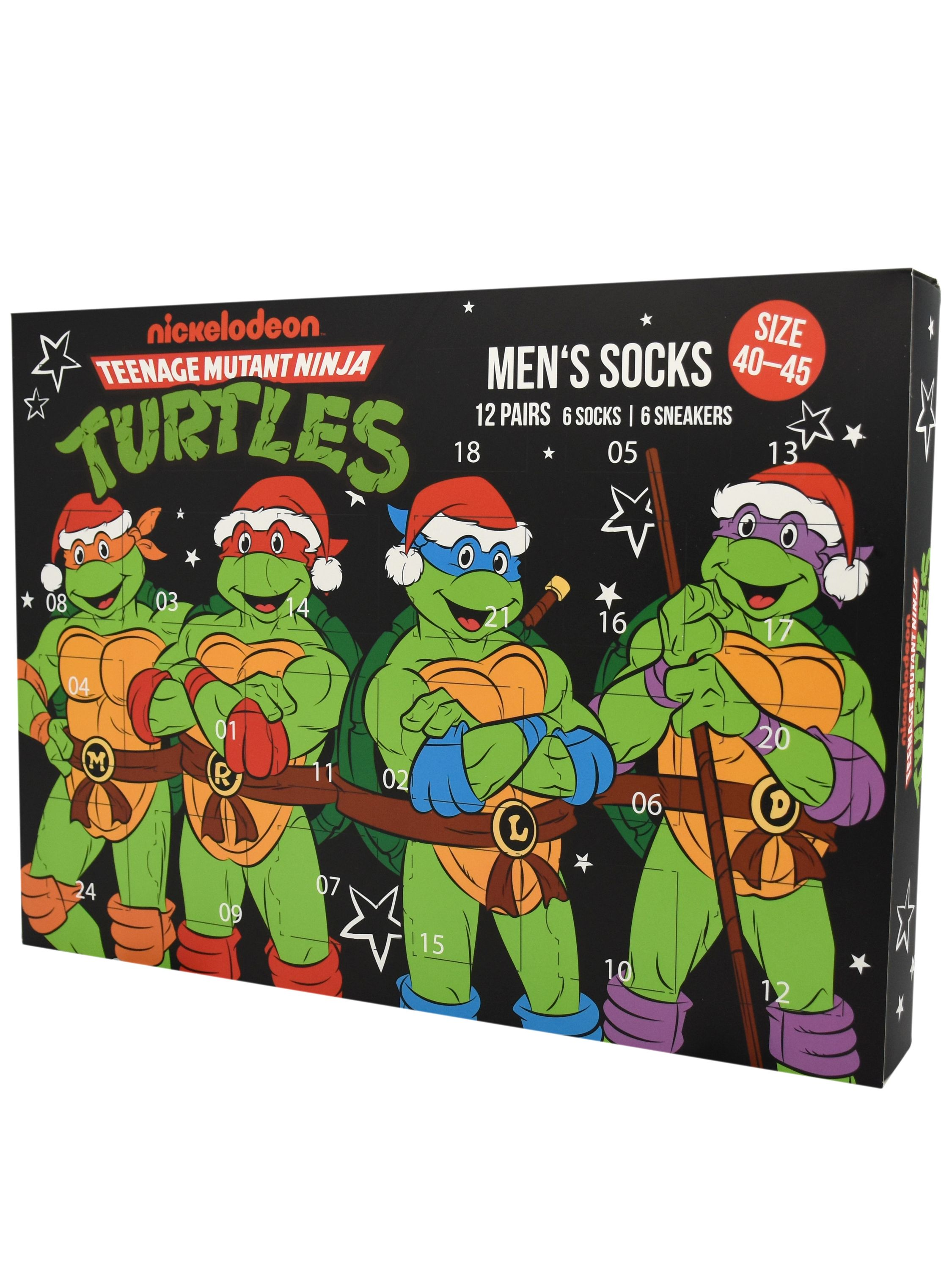 Box mit Teenage Mutant Ninja Turtles-Charakteren, Weihnachtsmützen und Zahlen. Text enthält "Herrensocken" und Größe.