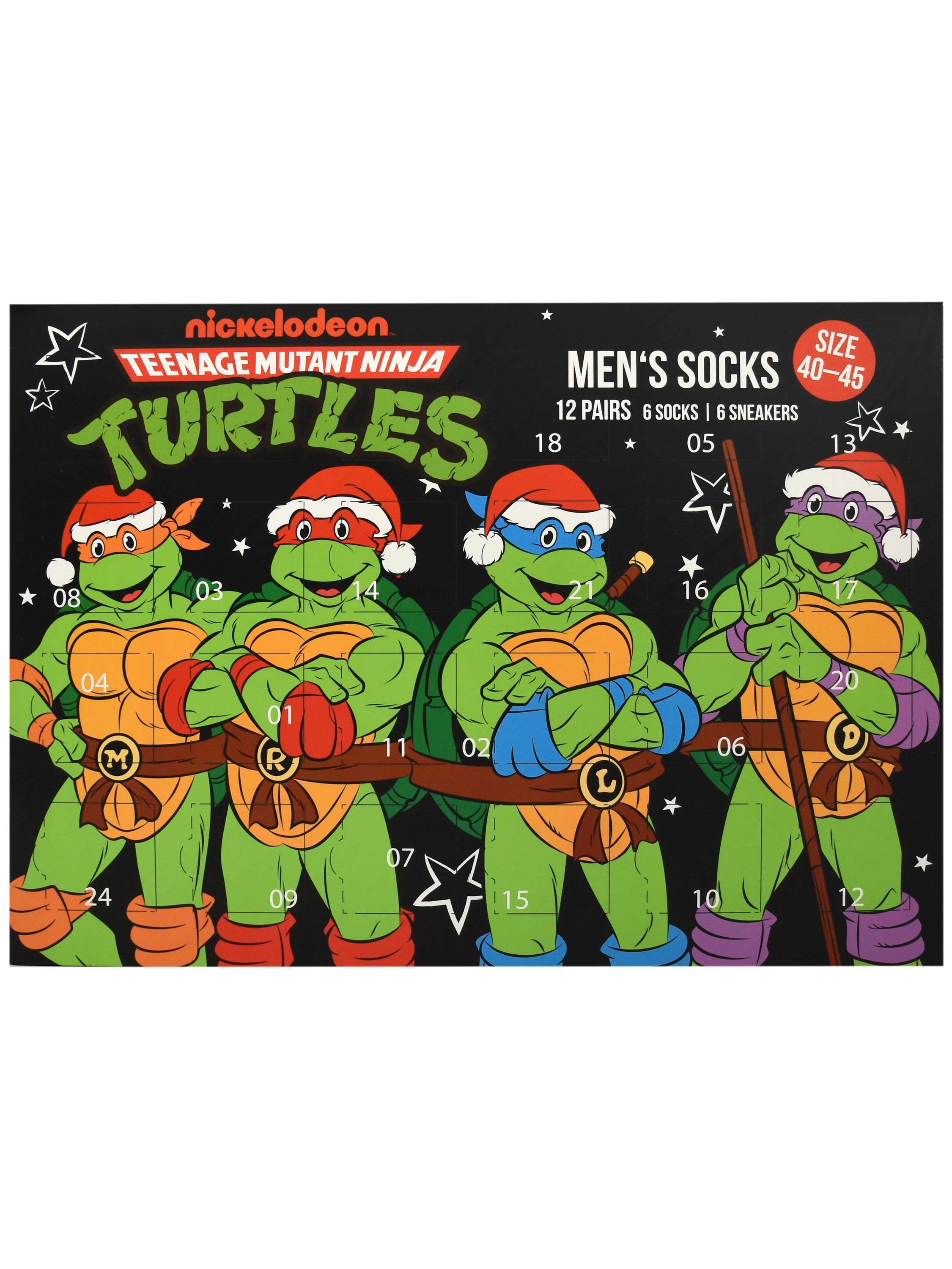 Teenage Mutant Ninja Turtles Sockenbox mit vier Schildkröten, die unterschiedlich farbige Masken tragen und Waffen halten.