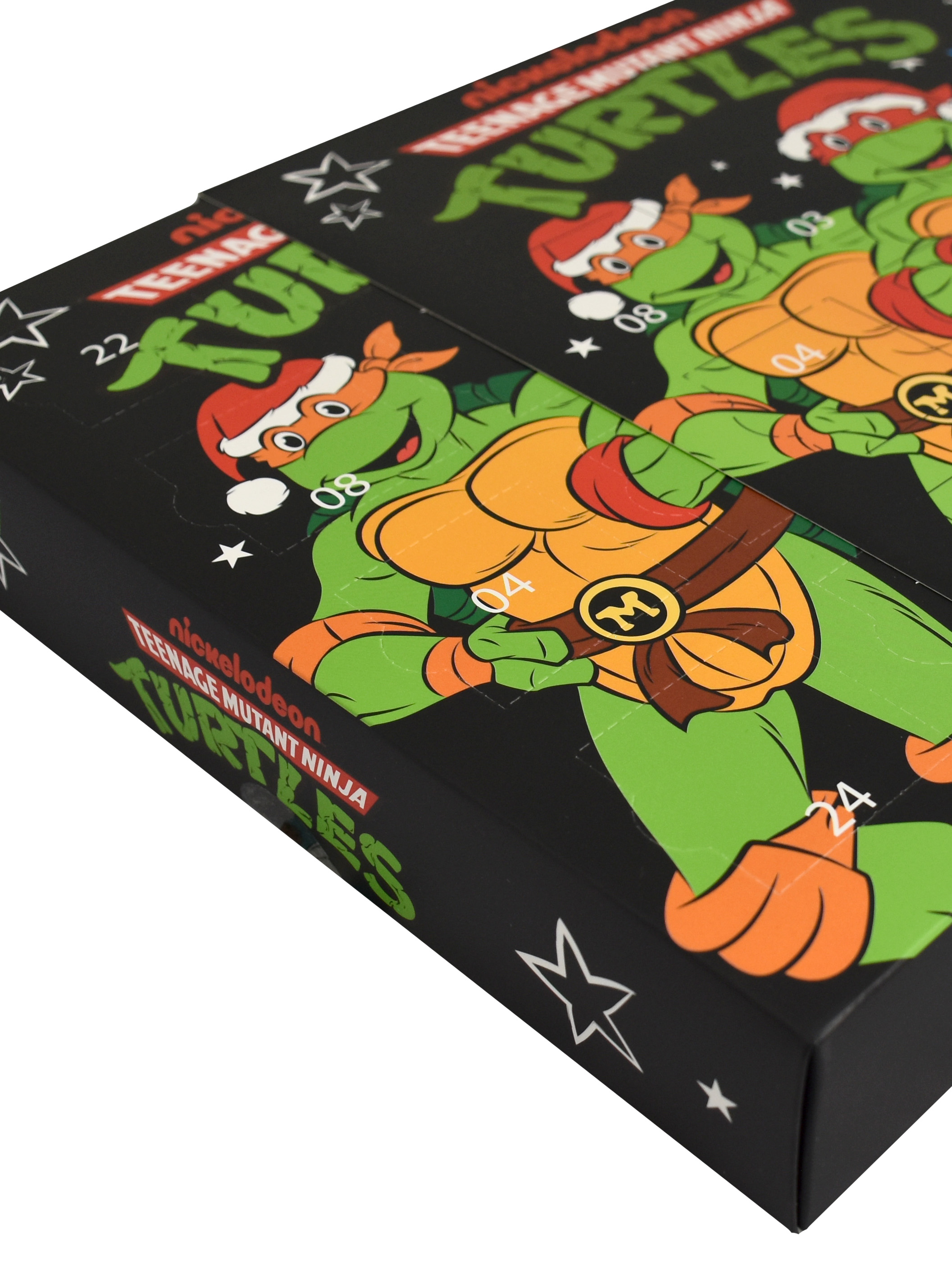 Schwarzer Teenage Mutant Ninja Turtles Adventskalender mit Schildkröten-Illustrationen und Zahlen.