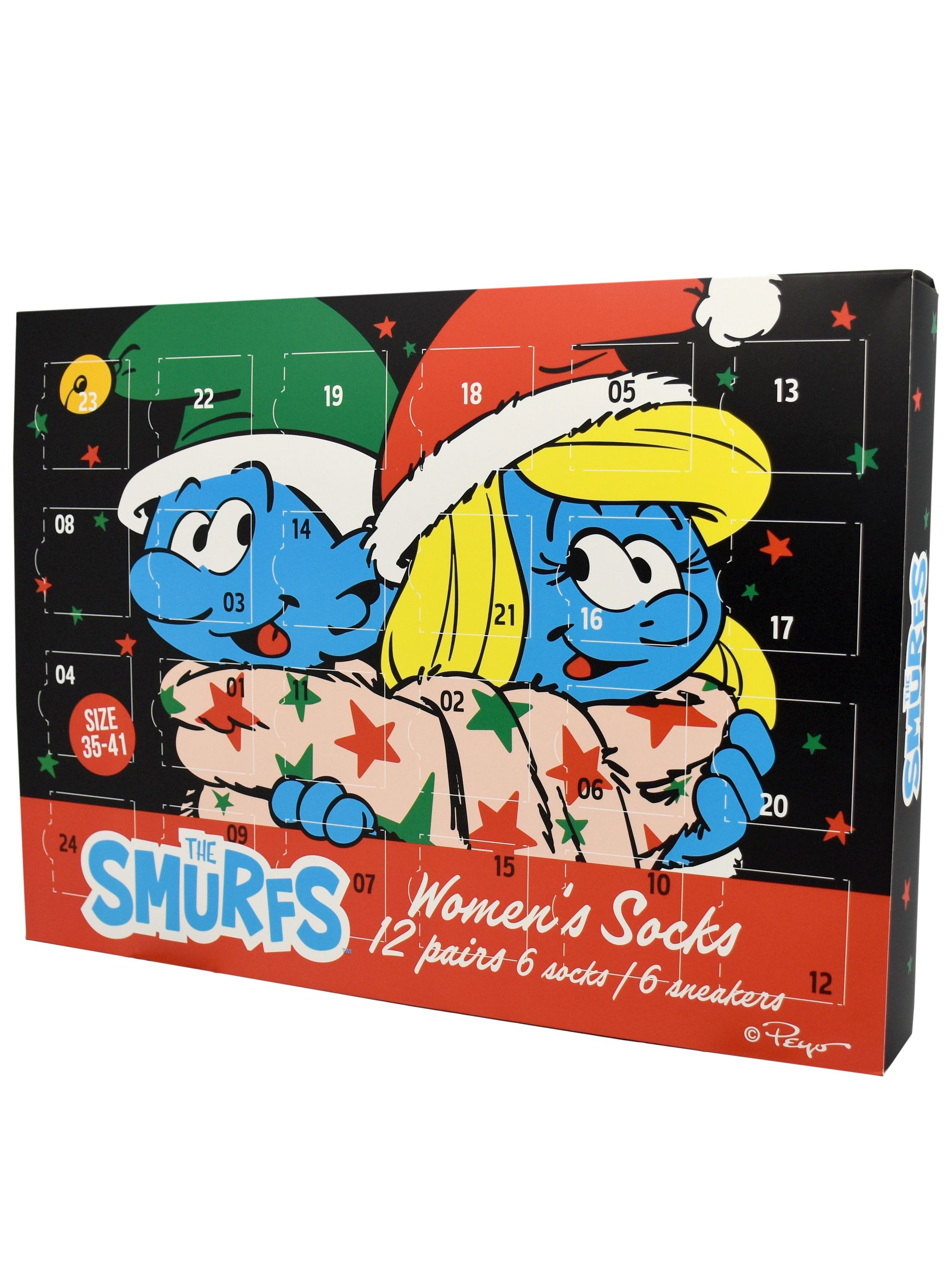 Adventskalender mit Schlümpfen. Die Box hat Nummern, Sterne und Text für Socken. Schlumpfine ist vorne zu sehen.