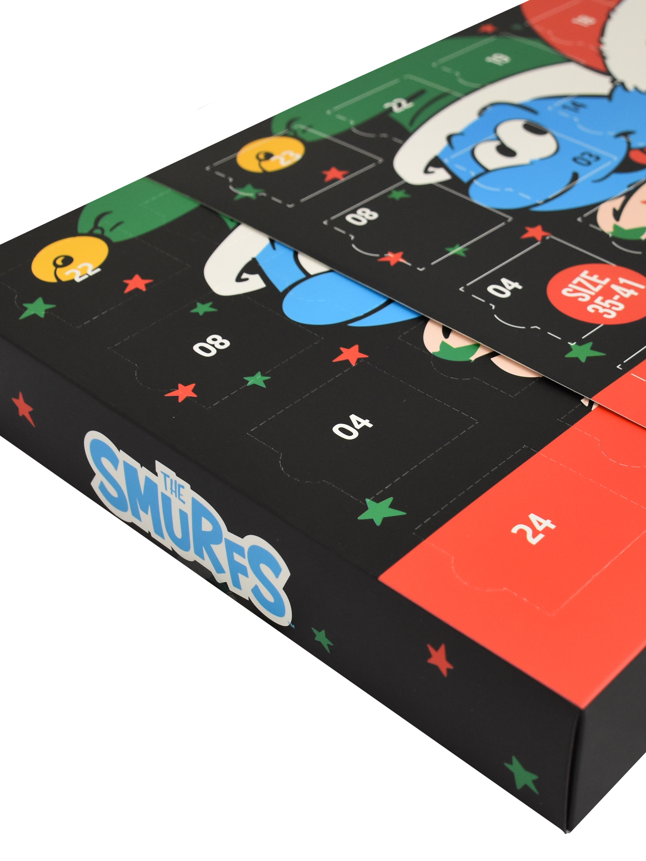 Ein Adventskalender mit Schlümpfe-Motiv. Er hat nummerierte Türen, Schlumpf-Illustrationen und Sternverzierungen. Schwarz, rot und blau.