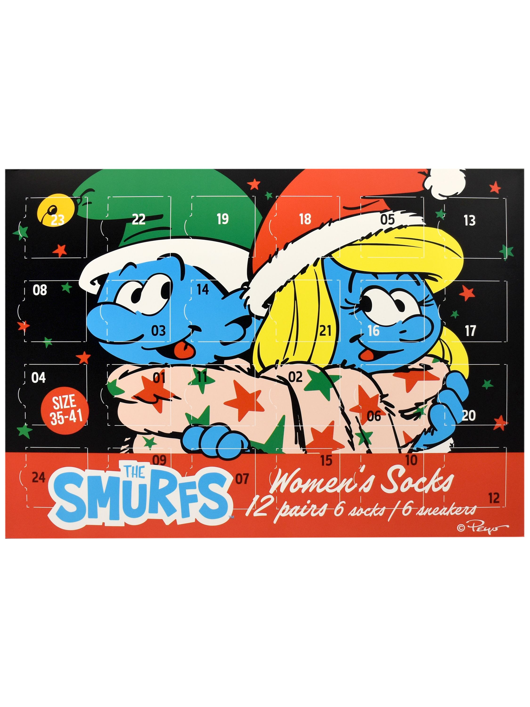 Ein Adventskalender mit zwei Schlümpfen. Er wirbt mit Socken für Damen, 12 Paar und 6 Socken/6 Sneakern, mit Zahlen.