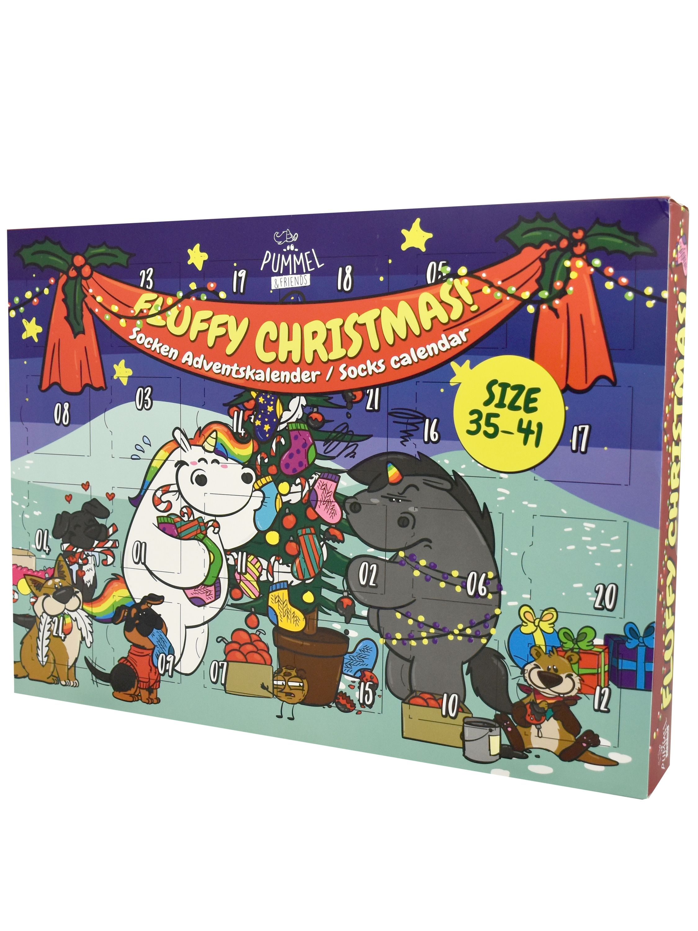 Ein Adventskalender mit Zeichentricktieren. Ein Einhorn, ein Hund und ein Otter schmücken einen Weihnachtsbaum mit Geschenkboxen und Zahlen.