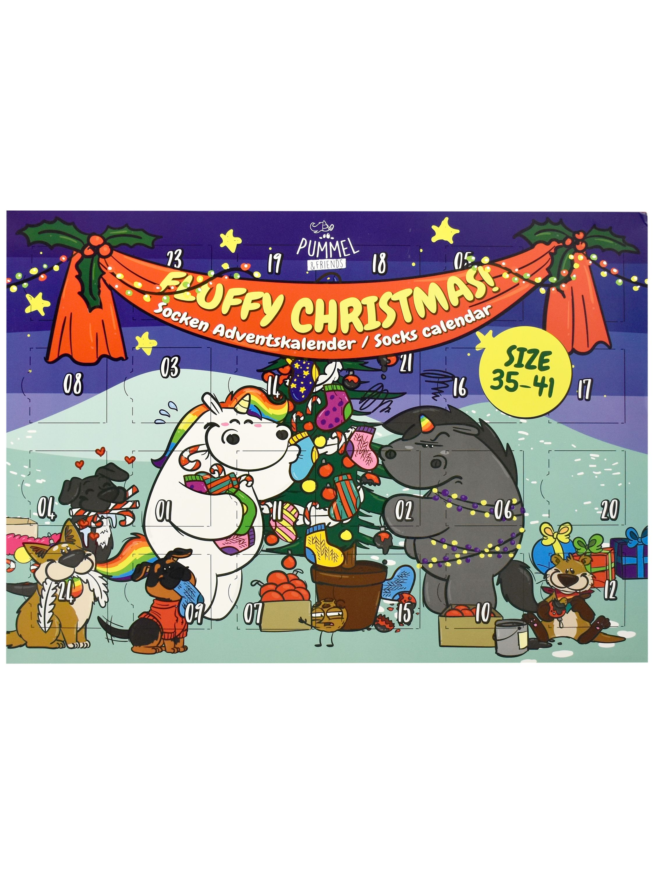 Weihnachts-Adventskalender mit Zeichentricktieren und einem Einhorn. Enthält Socken und einen Weihnachtsbaum. Zahlen 01-21 werden angezeigt.