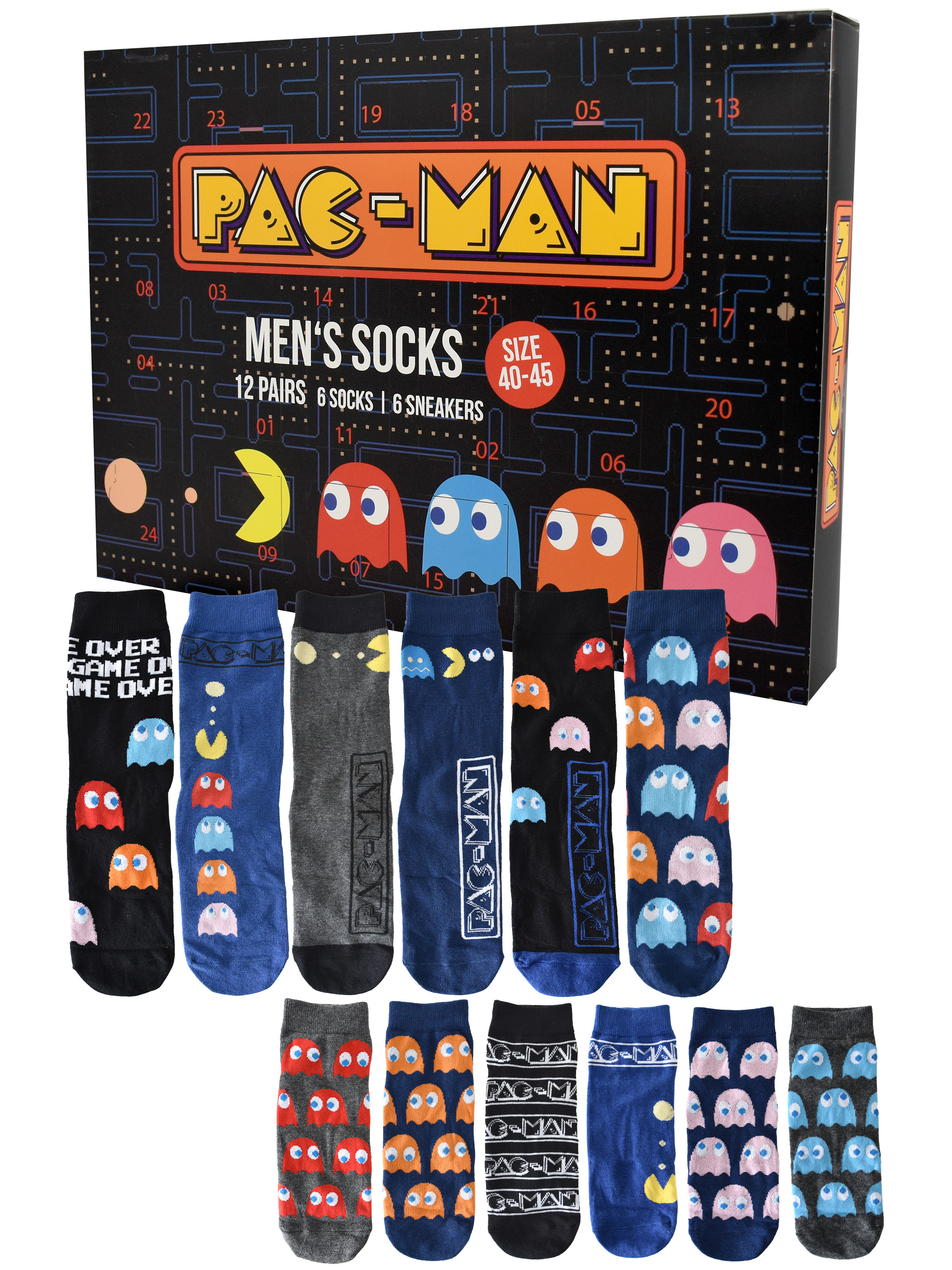 Eine Box mit Pac-Man-Socken wird gezeigt. Die Socken zeigen Pac-Man und Geister. Auf der Box steht 'Herrensocken' und 'Größe 40-45'.