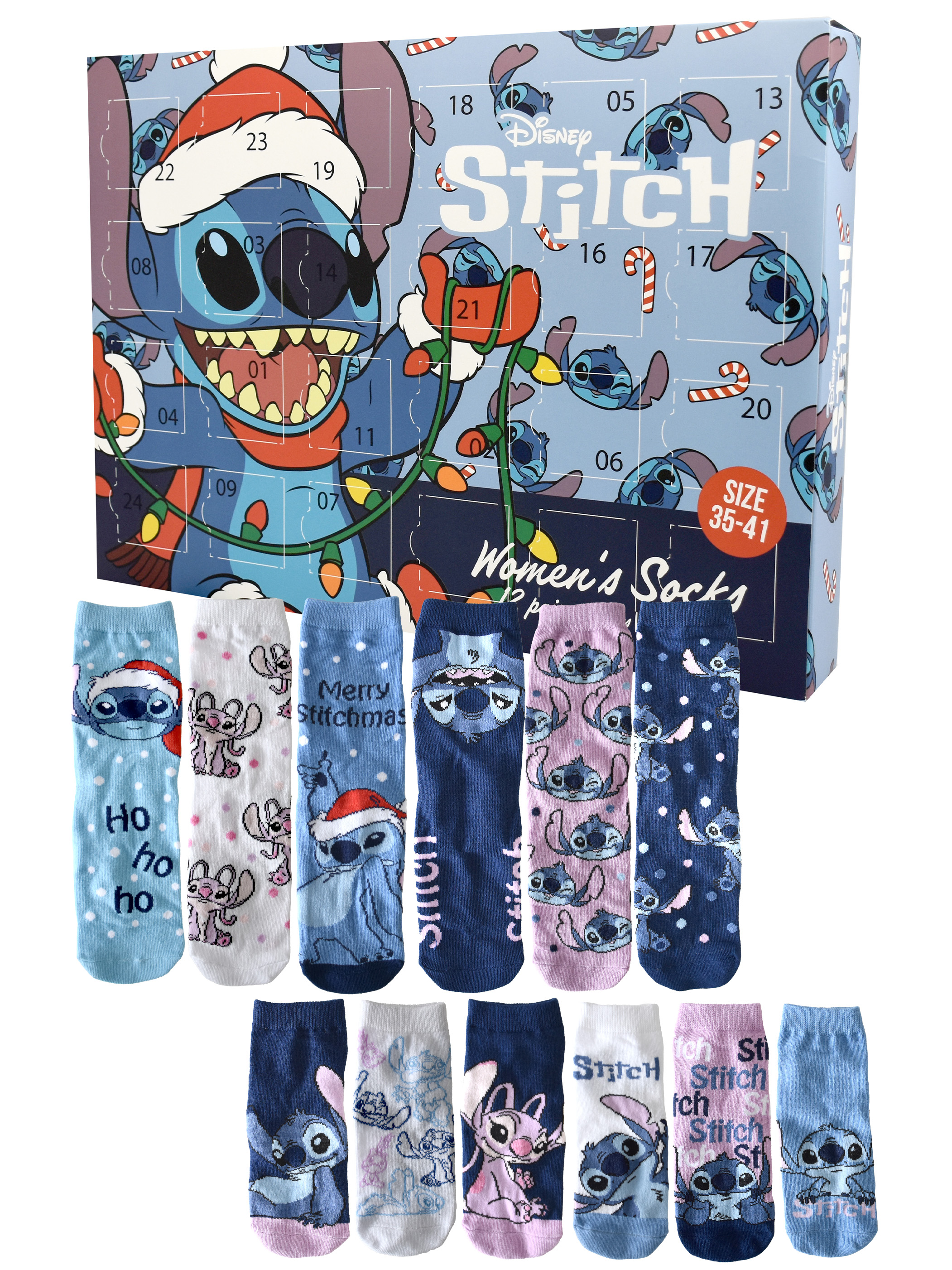 Ein Adventskalender mit Stitch und ein Set Damensocken mit Stitch-Mustern. Die Box hat Zahlen und das Disney Stitch-Logo.