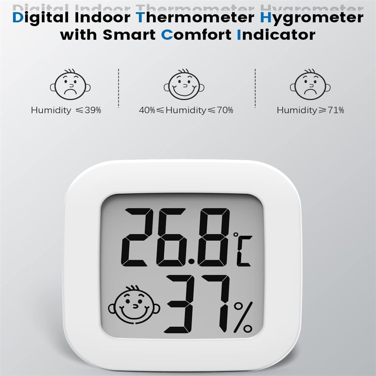 Ein weißes digitales Thermometer zeigt 26,8 °C und 37 % Luftfeuchtigkeit an. Drei Gesichts-Icons zeigen Komfortstufen an.