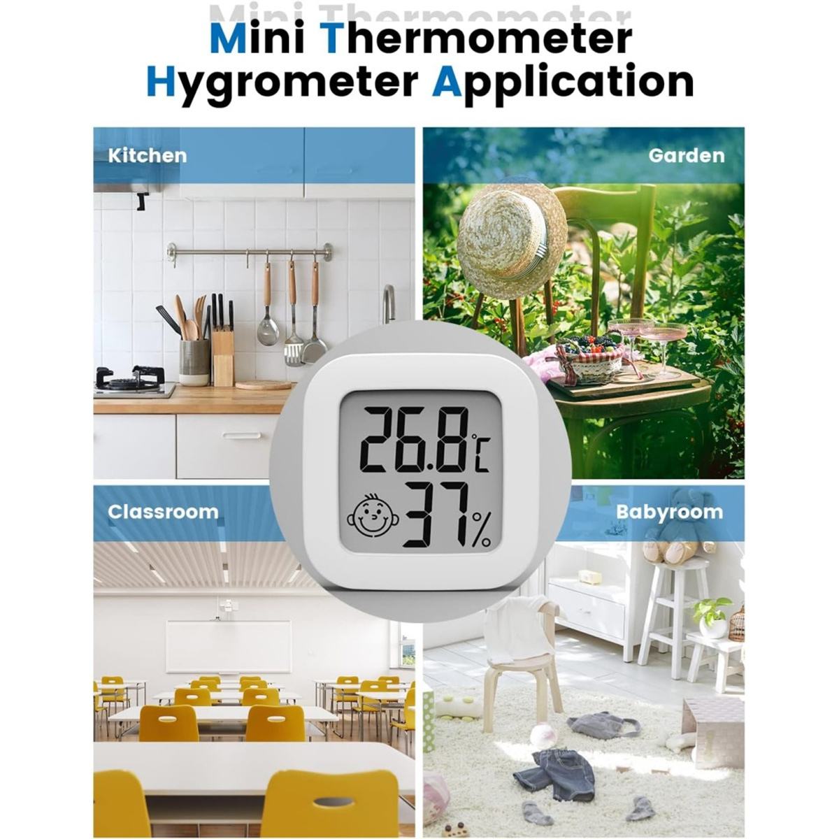 Das Bild zeigt ein Thermometer mit 26,8 °C und 37 % Luftfeuchtigkeit, mit Szenen einer Küche, eines Gartens, eines Klassenzimmers und eines Babyzimmers.