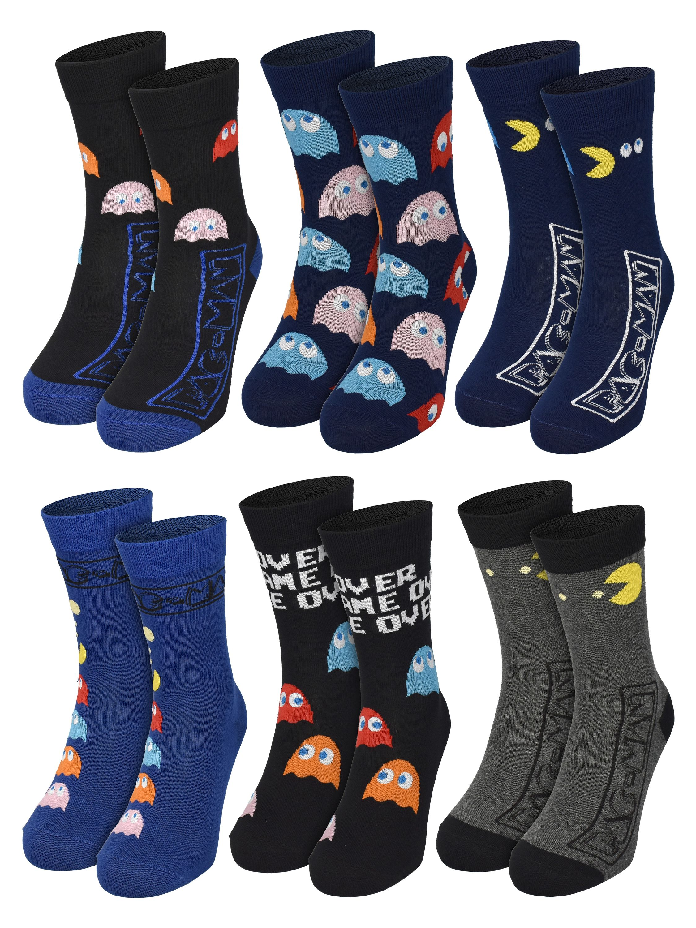 Sammlung von Pac-Man-Socken. Enthält verschiedene Designs: Pac-Man, Geister und den Text 'Game Over'. Farben sind Schwarz, Blau und Grau.
