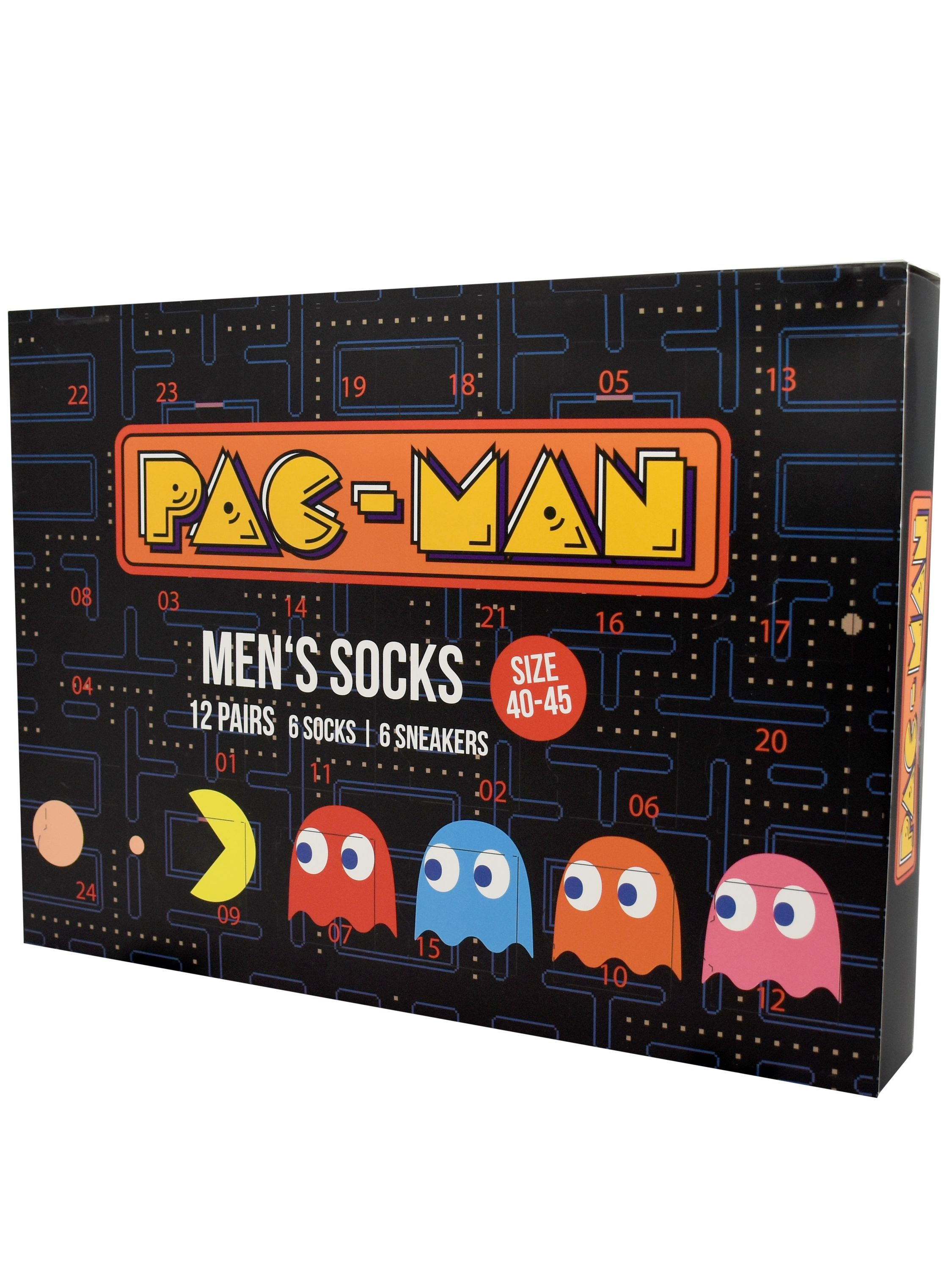 Pac-Man-Sockenbox. Zeigt Pac-Man-Logo und Geister. Enthält Größe 40-45. Schwarzer Hintergrund mit blauen Linien.