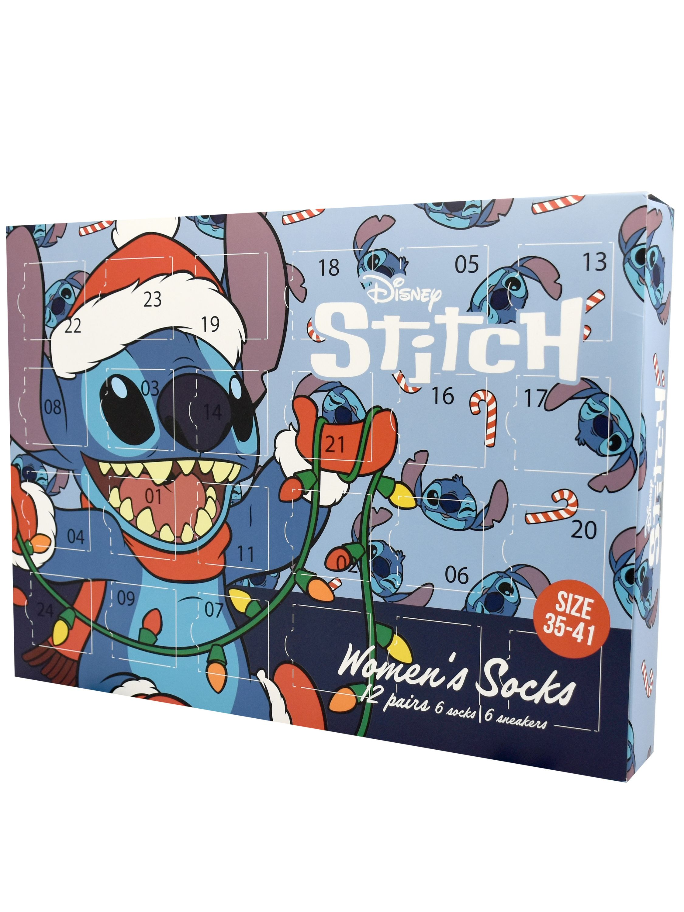 Ein Adventskalender mit Stitch-Illustrationen, Zahlen und Text. Es ist für Damensocken.