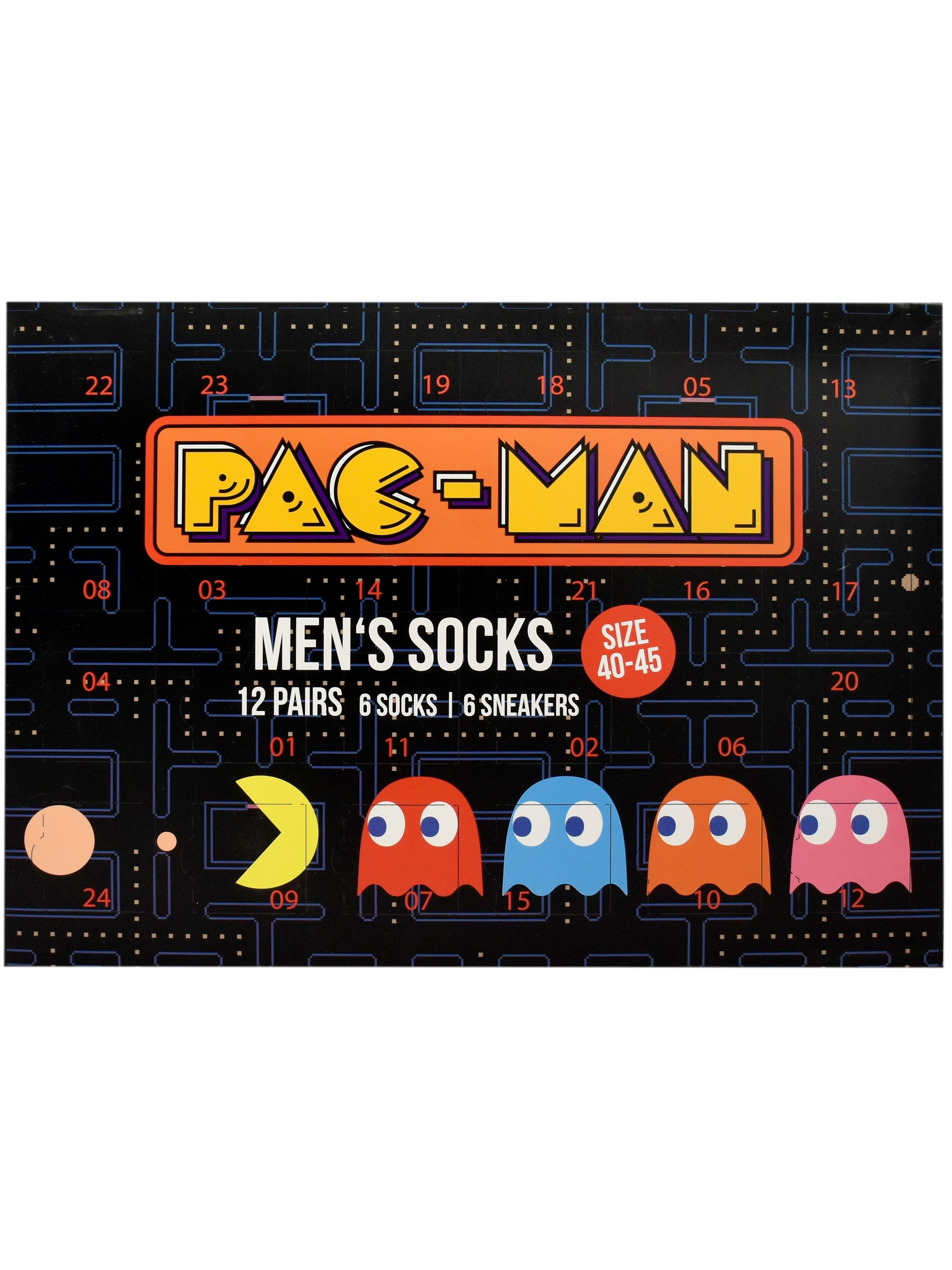 Pac-Man-Sockenbox. Die Box zeigt Pac-Man, Geister und das Spiel-Logo.