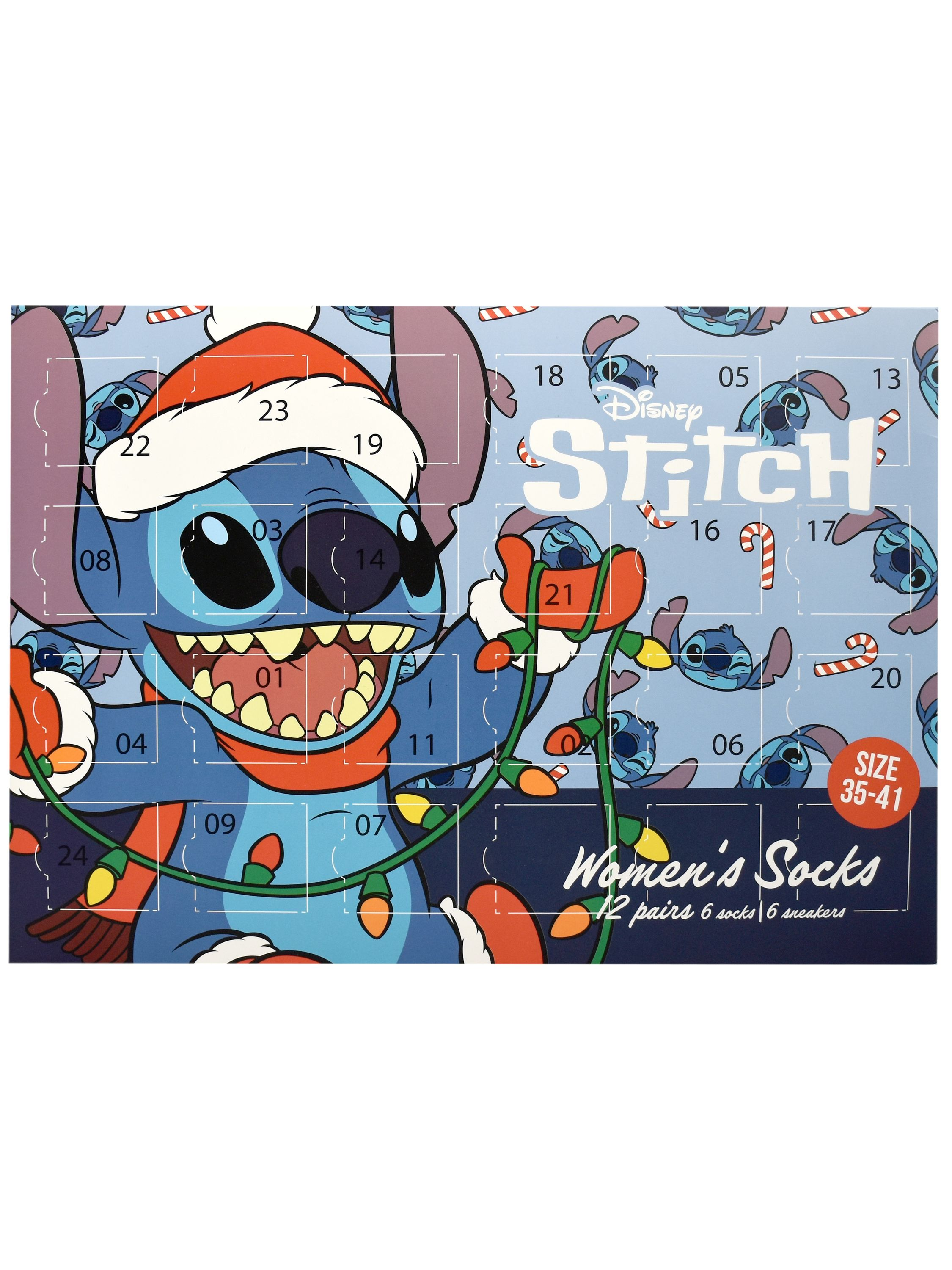 Ein Adventskalender zeigt Stitch mit Weihnachtsmütze und den Zahlen 01-24. Er wirbt für Damensocken, Größen 35-41.