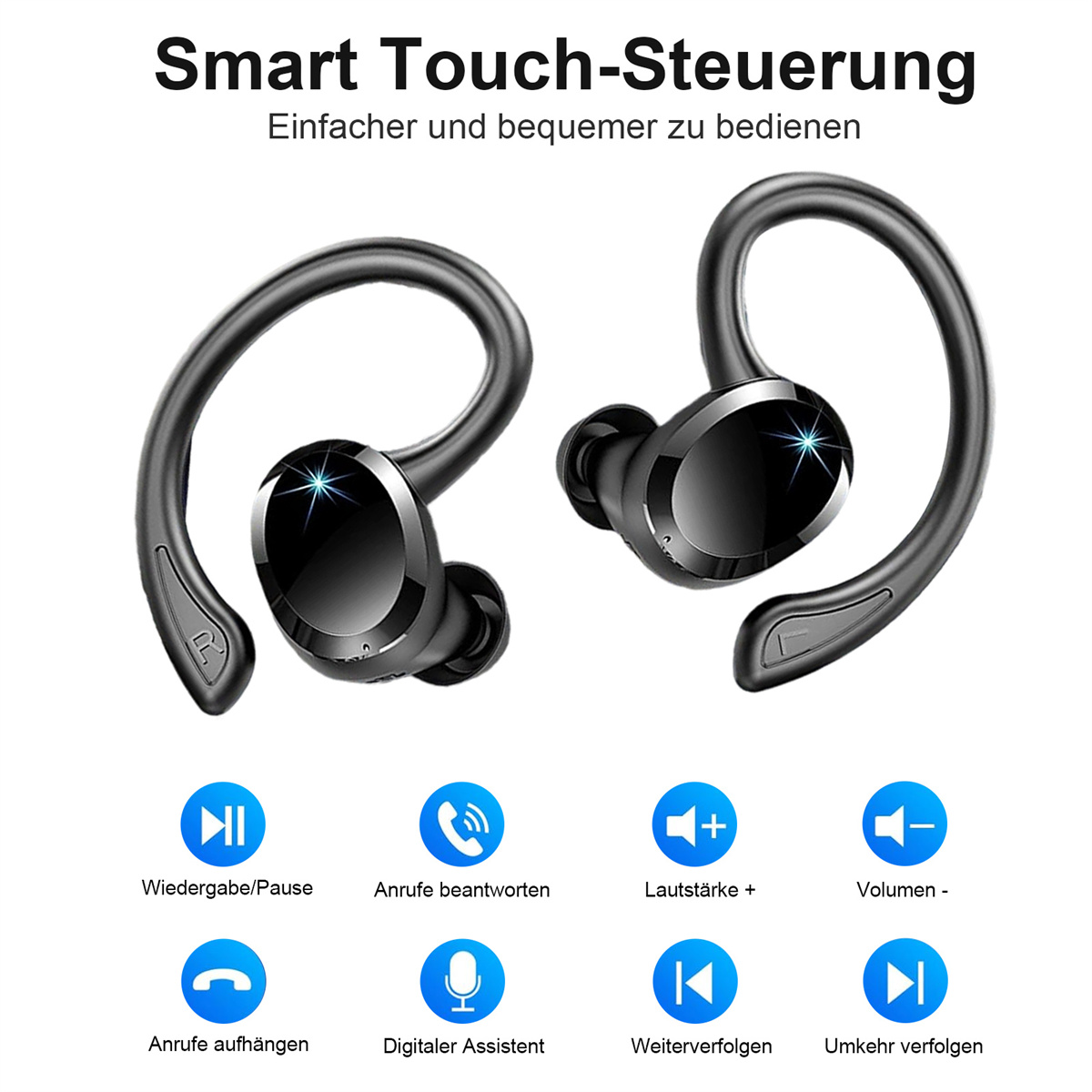 Schwarze kabellose Ohrhörer mit Ohrbügeln, darunter verschiedene Steuerungssymbole. Oben steht 'Smart Touch-Steuerung' und 'Einfacher und bequemer zu bedienen'.