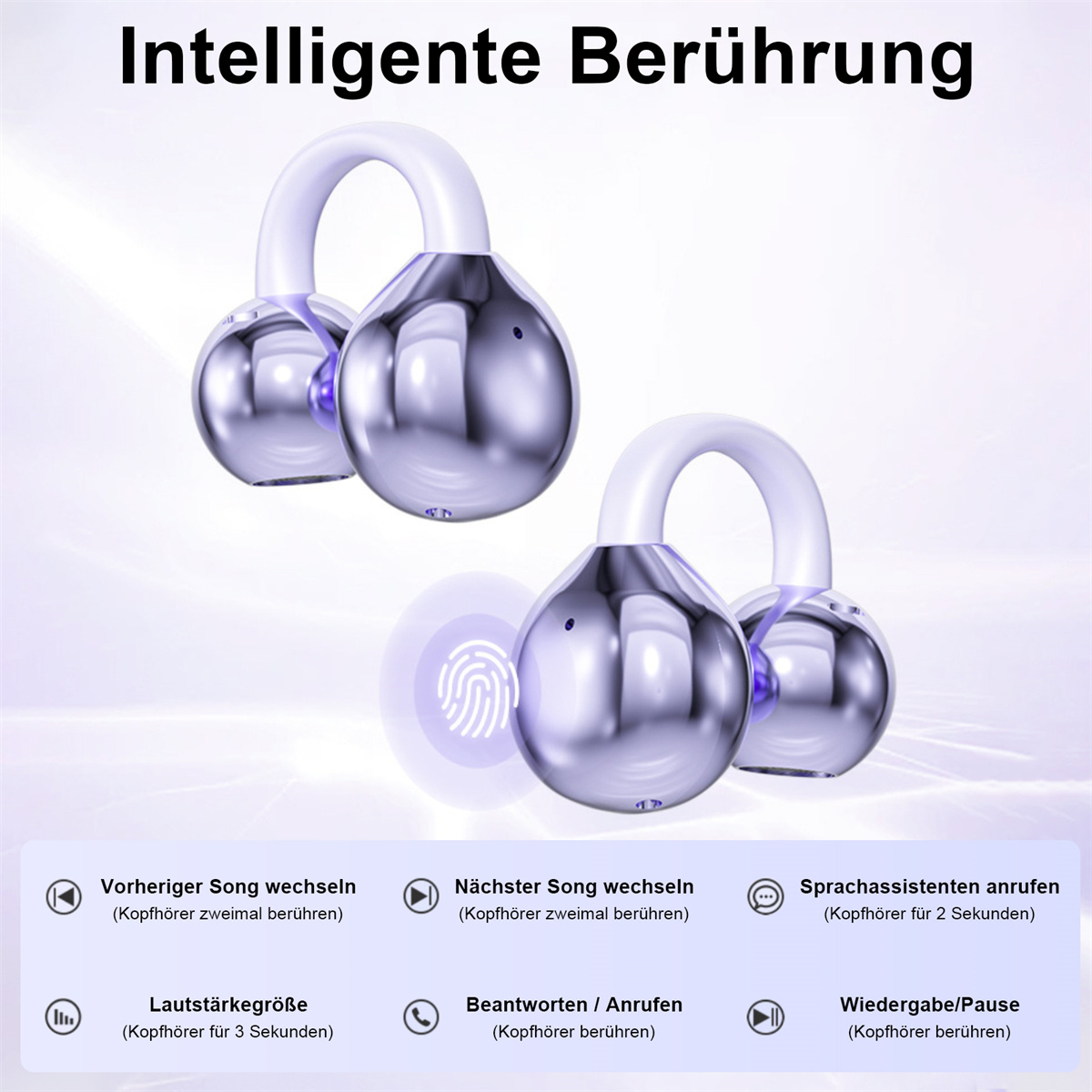Bild zeigt metallische Ohrhörer mit weißen Bögen, ein Fingerabdrucksymbol und Funktionssymbole: vorheriger/nächster Song, Lautstärke, Anruf annehmen, Wiedergabe/Pause.