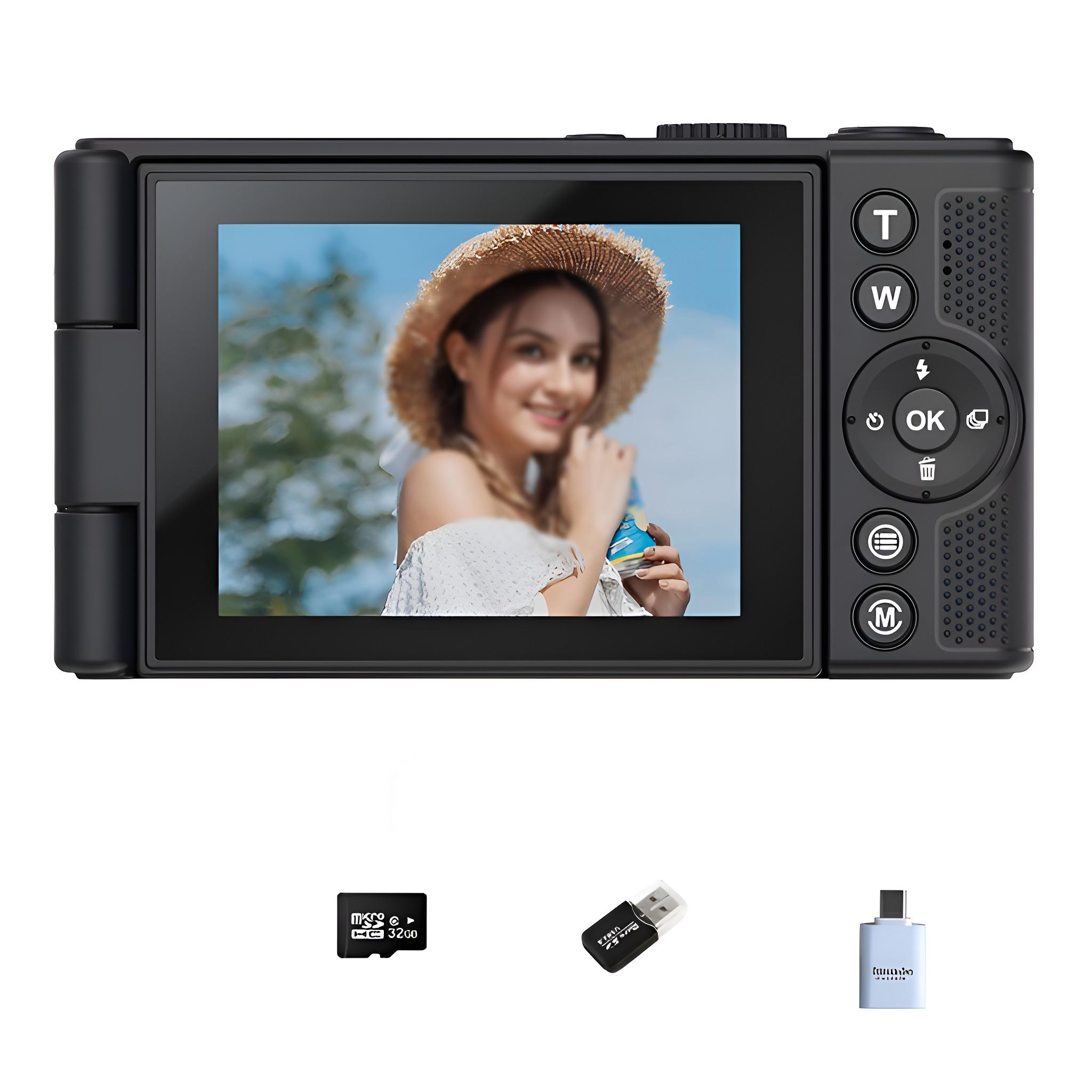 Schwarze Digitalkamera mit Bildschirm, der eine Frau mit Hut zeigt. SD-Karte, USB-Stick und USB-C-Adapter unten.