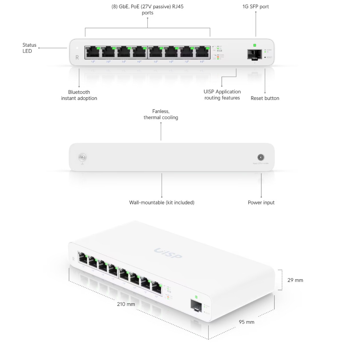 Uno switch di rete bianco con più porte e indicatori LED, etichettato con dimensioni e funzionalità come PoE e SFP.