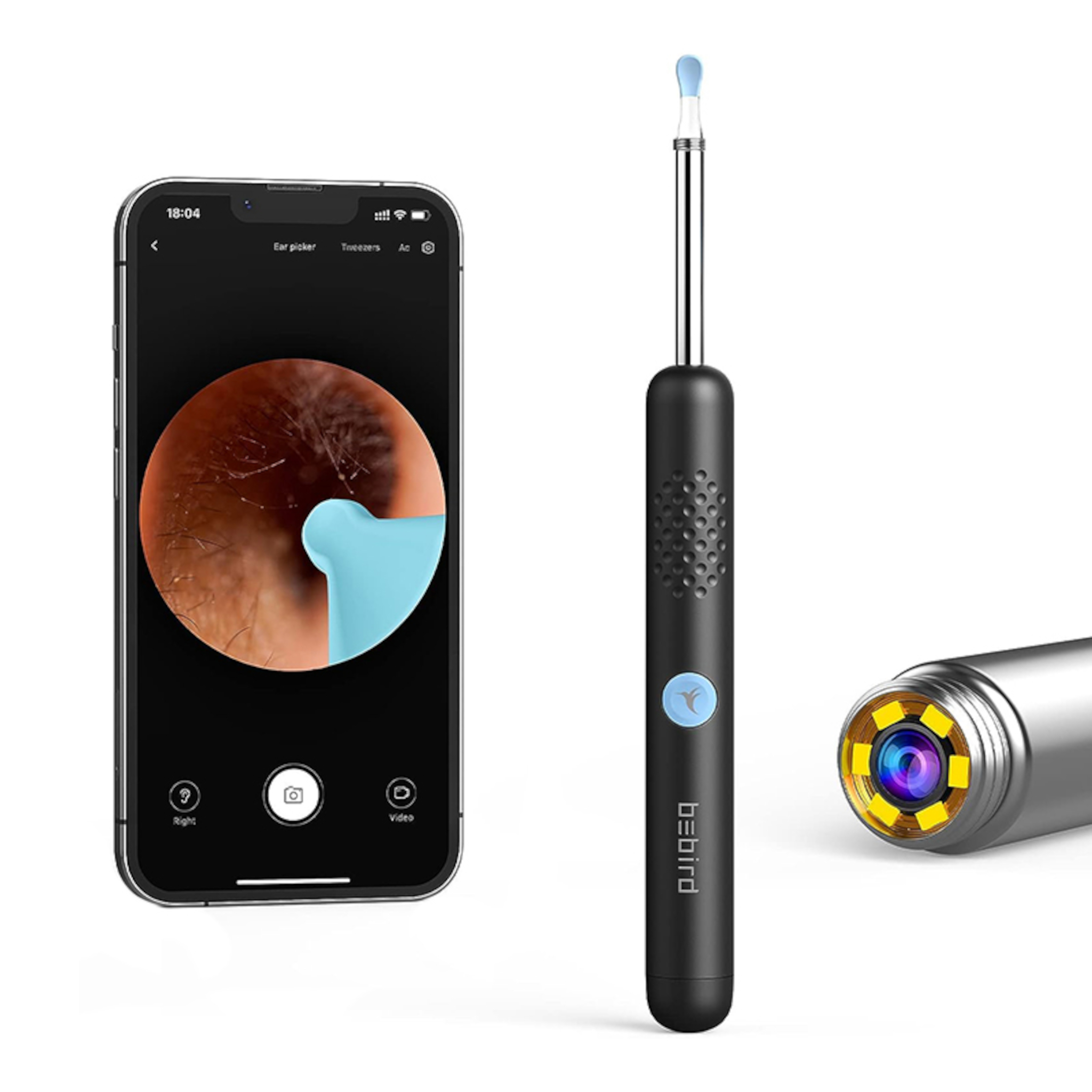 Un dispositivo per la pulizia delle orecchie e un telefono che mostra un'immagine del condotto uditivo. Il dispositivo ha una fotocamera e una luce, e un piccolo schermo.