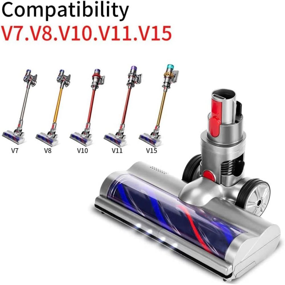 Das Bild zeigt Dyson-Vakuumteile. Oben: Kompatibilitätstext. Unten: 5 Staubsaugermodelle. Unten: Vakuumkopf mit klarer Rolle.